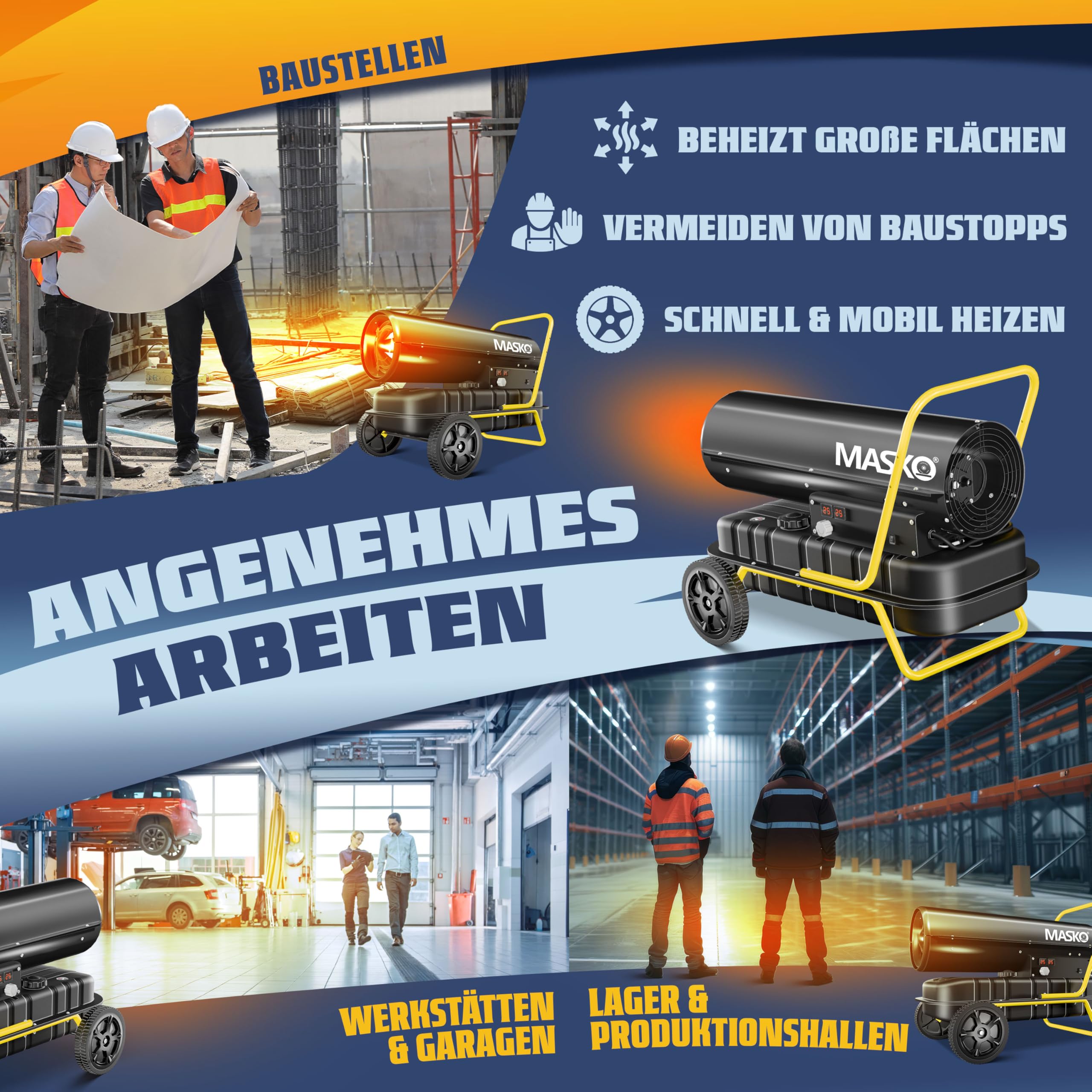MASKO® Heizkanone 30kW Diesel Bautrockner Bauheizer Heißluftgenerator Heizgebläse 38L Tank mit Thermostat Ölheizer Luftstrom 750m³/h/Stunde Ölbeheizung Heizlüfter Heizstrahler Schwarz