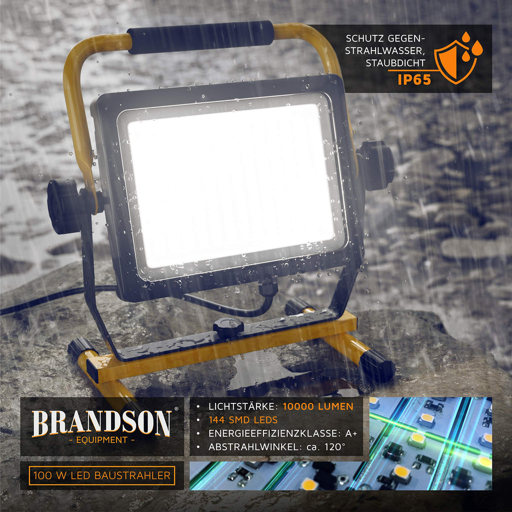Brandson - 100W LED Baustrahler 144 SMD LEDs – Arbeitsleuchte – Bauscheinwerfer – Baulampe - Tragegriff 6000K – 10000 Lumen – 4 m Stromkabel – Metallgehäuse – IP65