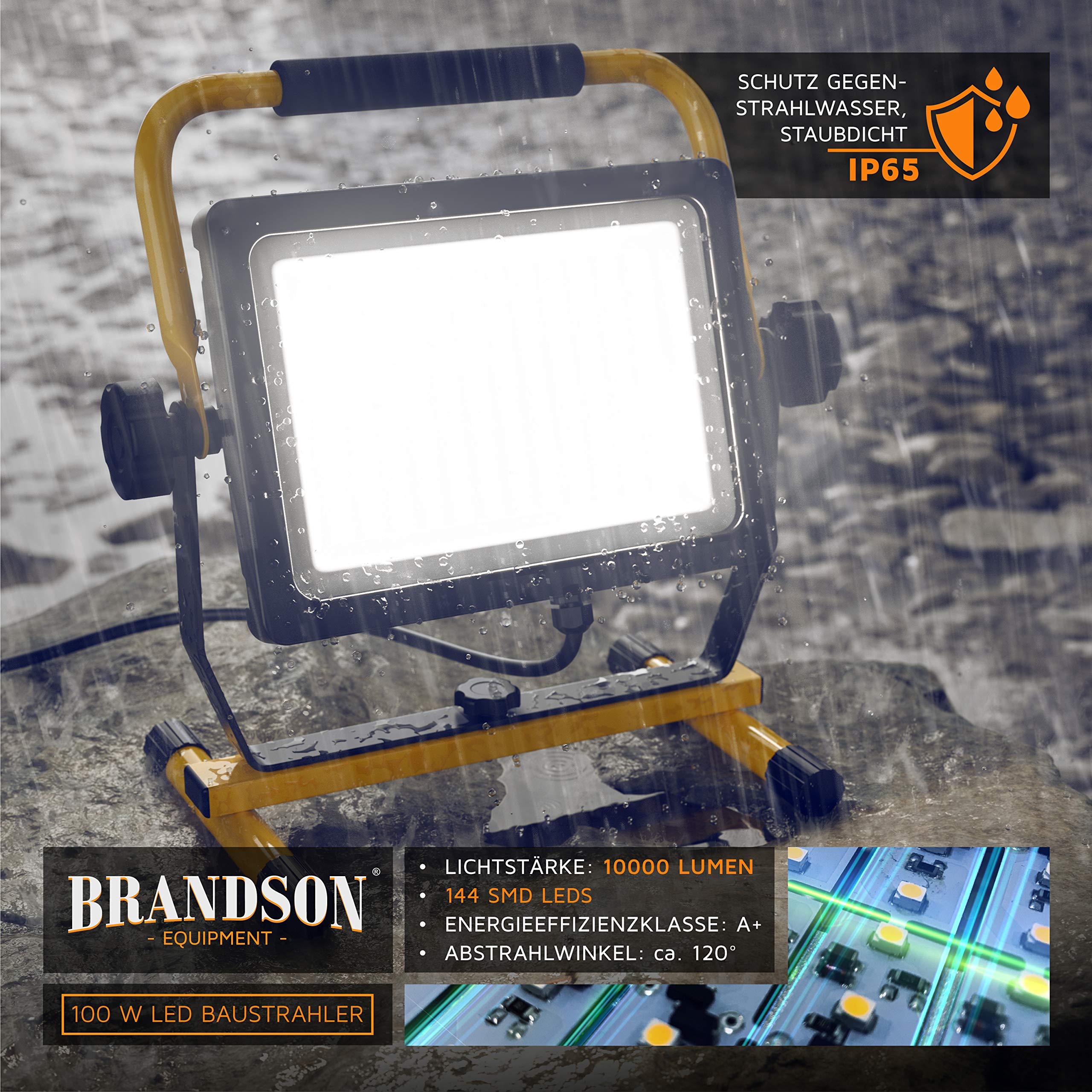Brandson - 100W LED Baustrahler 144 SMD LEDs – Arbeitsleuchte – Bauscheinwerfer – Baulampe - Tragegriff 6000K – 10000 Lumen – 4 m Stromkabel – Metallgehäuse – IP65
