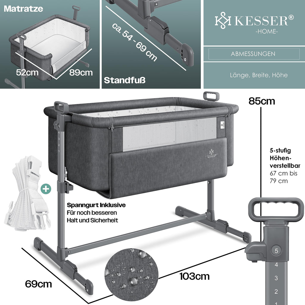 KESSER® Zustellbett Hubi 3in1 Baby Beistellbett Reisebett Babybett mit weich Matratze mit Rollen Kinderbett 5Fach Höhenverstellung Faltbare Seitenwand für Zuhause und Unterwegs + Spanngurt Dunkelgrau