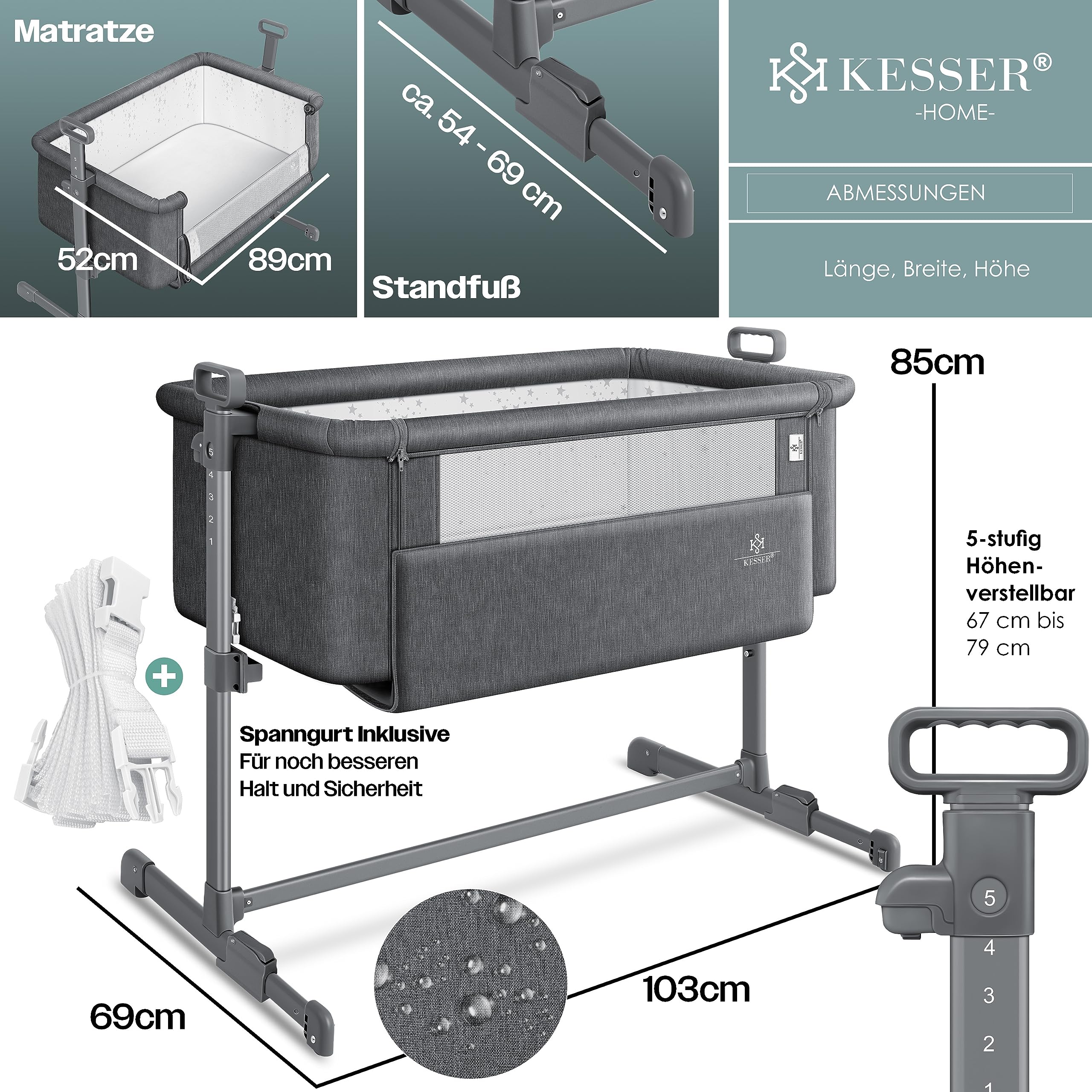 KESSER® Zustellbett Hubi 3in1 Baby Beistellbett Reisebett Babybett mit weich Matratze mit Rollen Kinderbett 5Fach Höhenverstellung Faltbare Seitenwand für Zuhause und Unterwegs + Spanngurt Dunkelgrau