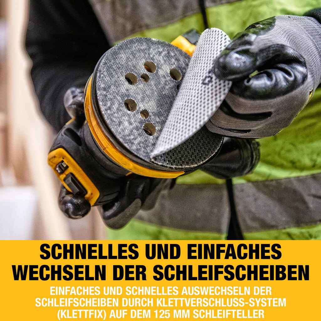 DEWALT 18 Volt Akku-Exzenterschleifer (Schleifpapier-ø: 125 mm, elektronische Drehzahlregulierung, Staubschutz für Getriebe und Schalter, mit Klettfix-System, ohne Akku und Ladegerät), DCW210N