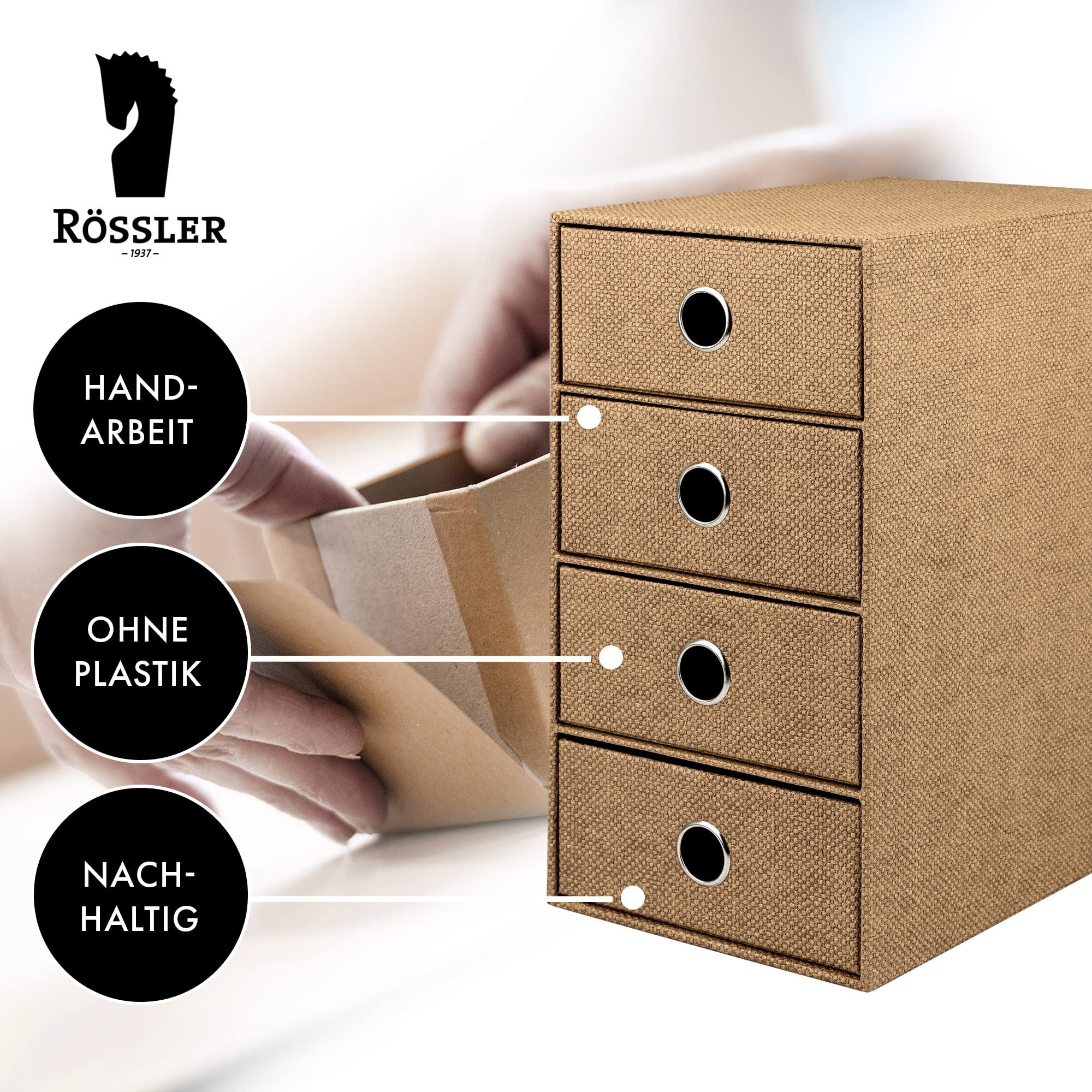 Rössler SOHO 4er Schubladenbox aus Papier | Büro Organizer Schreibtisch | Schubladen Organizer Büro Zubehör & Bürobedarf | Schreibtisch Organizer Box | 18 x 25 x 32 cm | 1 Stück | Farbe: Haselnuss