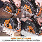 Evolution Handkreissäge R185CCS Kreissäge Tauchsäge 1600W Inkl. Ø 185 mm HM-Sägeblatt Mehrzweck Multi-Material-Schneiden Holz, Aluminium, Stahl, Kunststoff | Scie Circulaire mit Führungsschiene