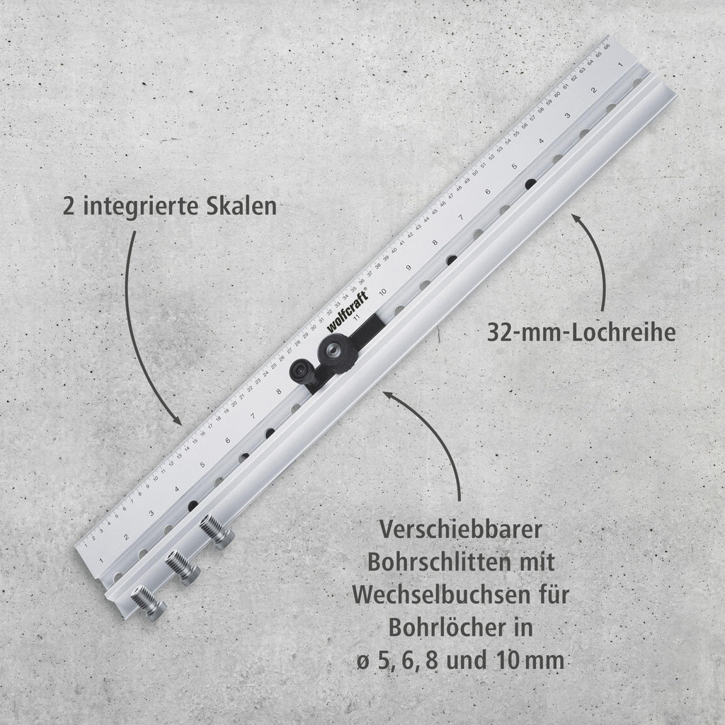 wolfcraft Dübelleiste 4650000 – Präzise Bohrschablone zum Möbelbau von Schränken & Regalen – Für Dübelverbindungen und Lochreihen – 32mm Raster