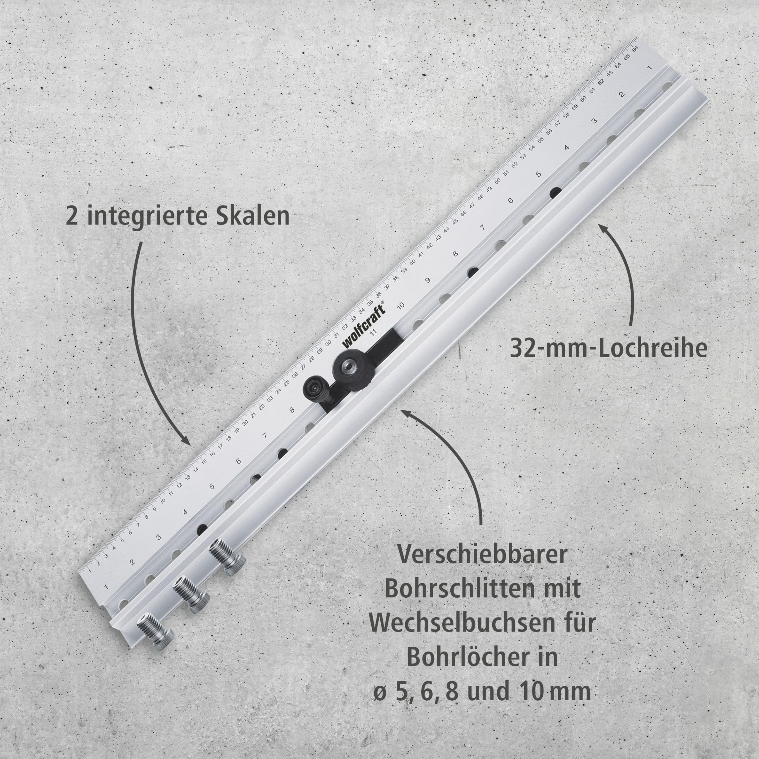 wolfcraft Dübelleiste 4650000 – Präzise Bohrschablone zum Möbelbau von Schränken & Regalen – Für Dübelverbindungen und Lochreihen – 32mm Raster