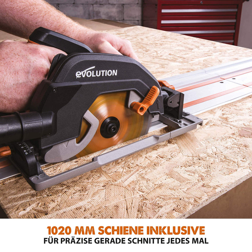 Evolution Handkreissäge R185CCSX Kreissäge Tauchsäge 1600W Inkl. Ø 185 mm HM-Sägeblatt Multi-Material-Schneiden Holz, Aluminium, Stahl, Kunststoff | Mit 3-teiliger 1020mm Mini-Schiene Führungsschiene