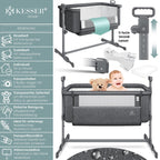KESSER® Zustellbett Hubi 3in1 Baby Beistellbett Reisebett Babybett mit weich Matratze mit Rollen Kinderbett 5Fach Höhenverstellung Faltbare Seitenwand für Zuhause und Unterwegs + Spanngurt Dunkelgrau