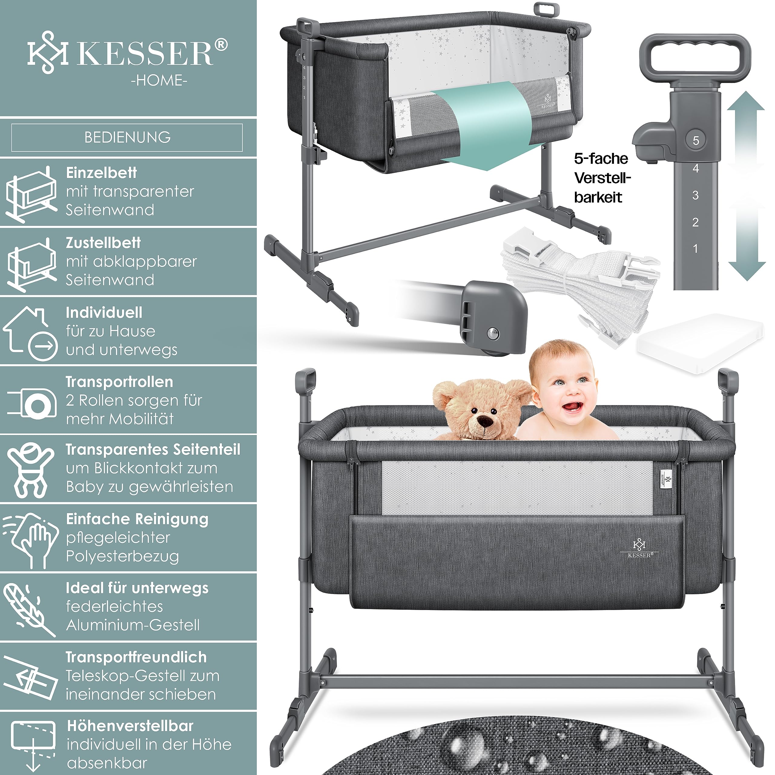 KESSER® Zustellbett Hubi 3in1 Baby Beistellbett Reisebett Babybett mit weich Matratze mit Rollen Kinderbett 5Fach Höhenverstellung Faltbare Seitenwand für Zuhause und Unterwegs + Spanngurt Dunkelgrau