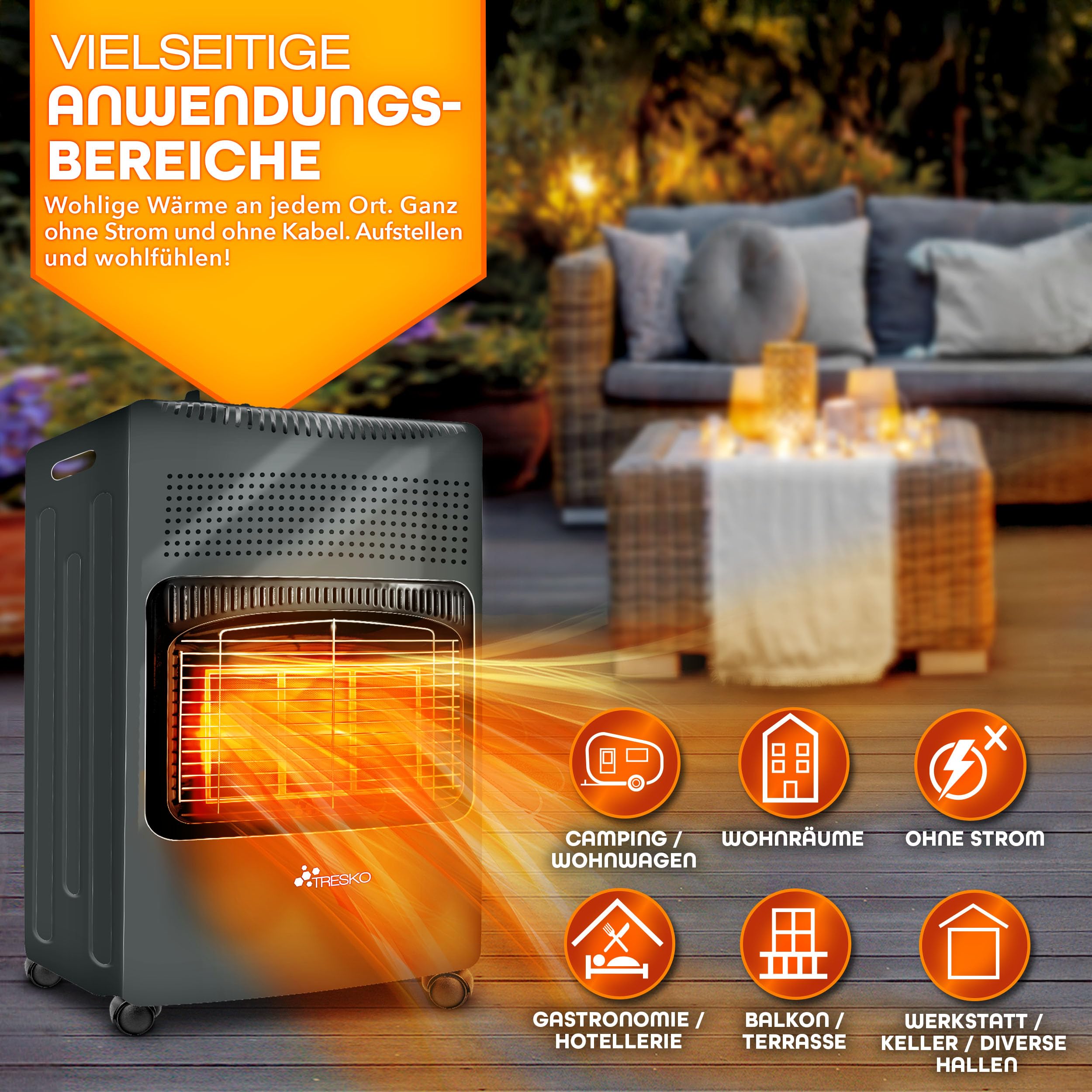 TRESKO 4200 Watt Gasheizung inkl. Gasdruckregler Gasschlauch + Abdeckung | Gasheizer Gasofen Gasheizofen mit 3 Stufen | Infrarot Gasheizgerät (Anthrazit)