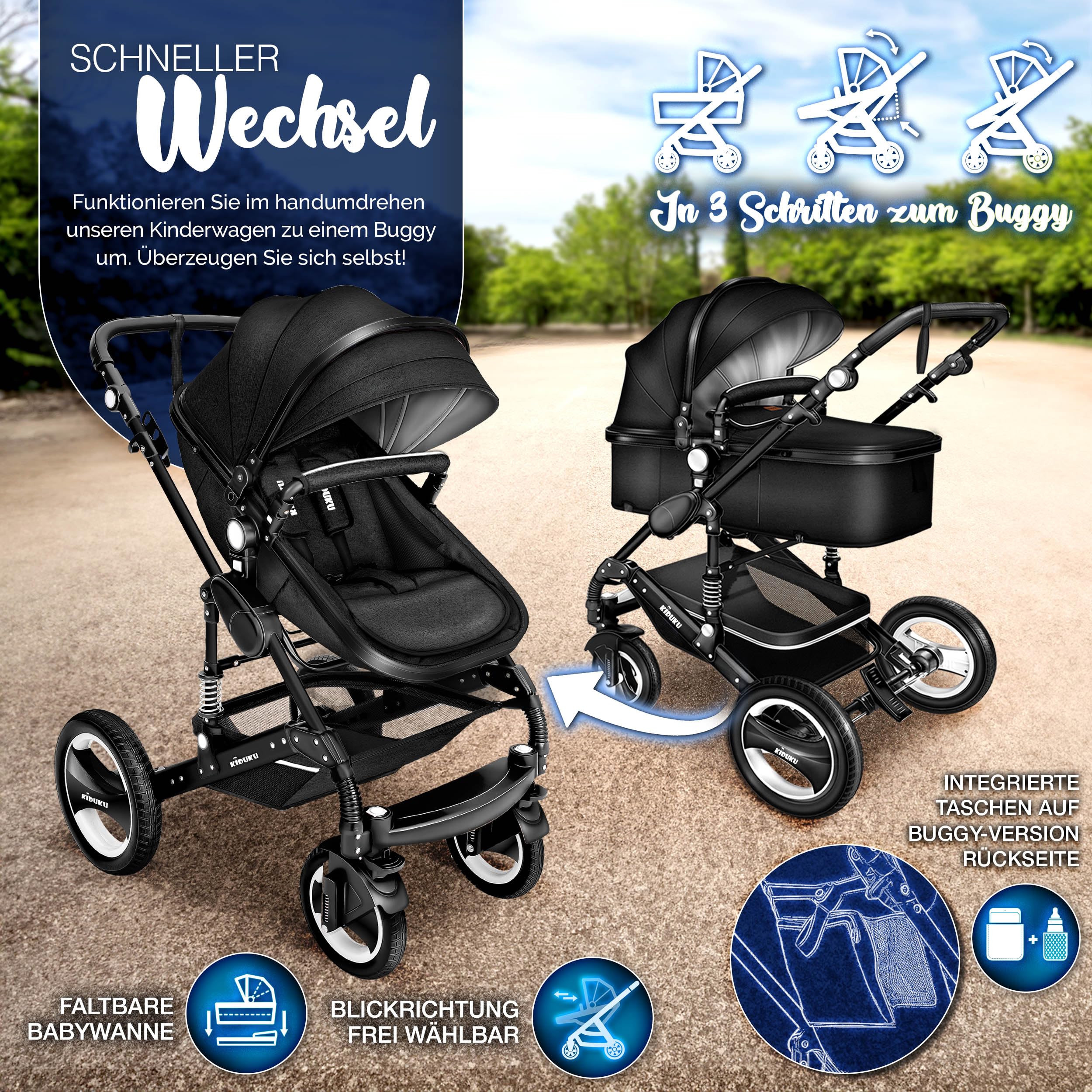 KIDUKU® 3 in 1 Kinderwagen XXL Komplettset | Kombikinderwagen Set inkl. Babywanne Buggy Sportsitz & Auto-Babyschale Fußsack | Vollgummireifen Wickeltasche Handwärmer Regenschutz Kindertisch ECE R129