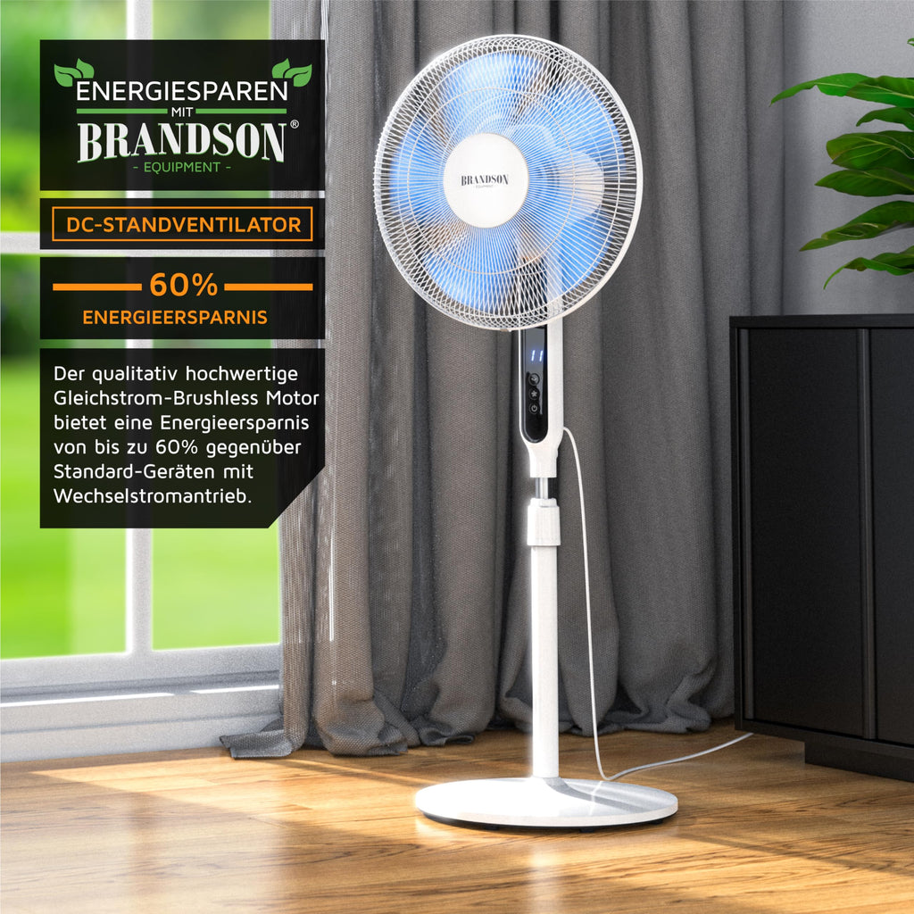 Brandson - DC Standventilator energiesparend ECO - Fernbedienung - Brushless Silent Motor, sehr leise – Preisträger 2025-80° Oszillation - Ventilator Timer – 12 Stufen - LED Display