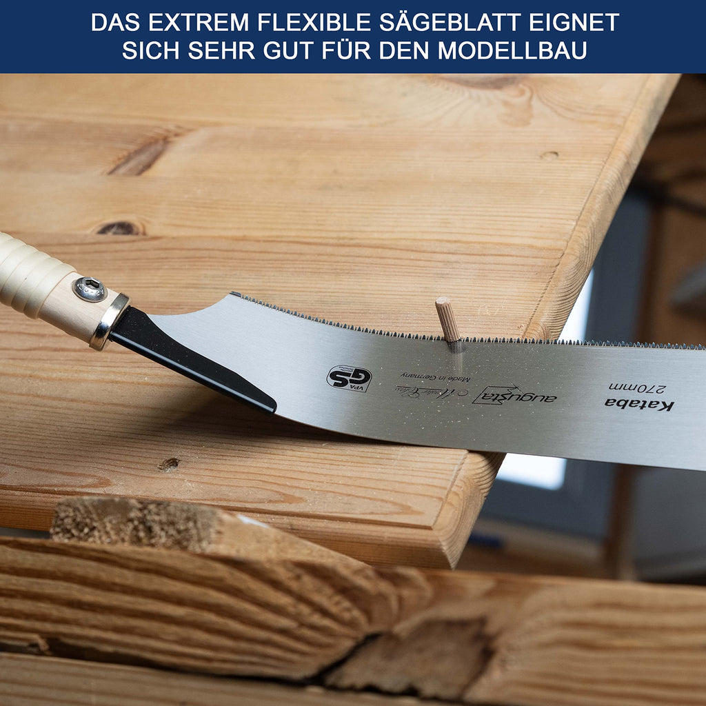 Augusta-Heckenrose Japansäge Kataba 270 mm I Traditionelle Säge aus Bandstahl C75 für Feinschnitte I Holzsäge mit verkürztem Stahlrücken & Bastgriff
