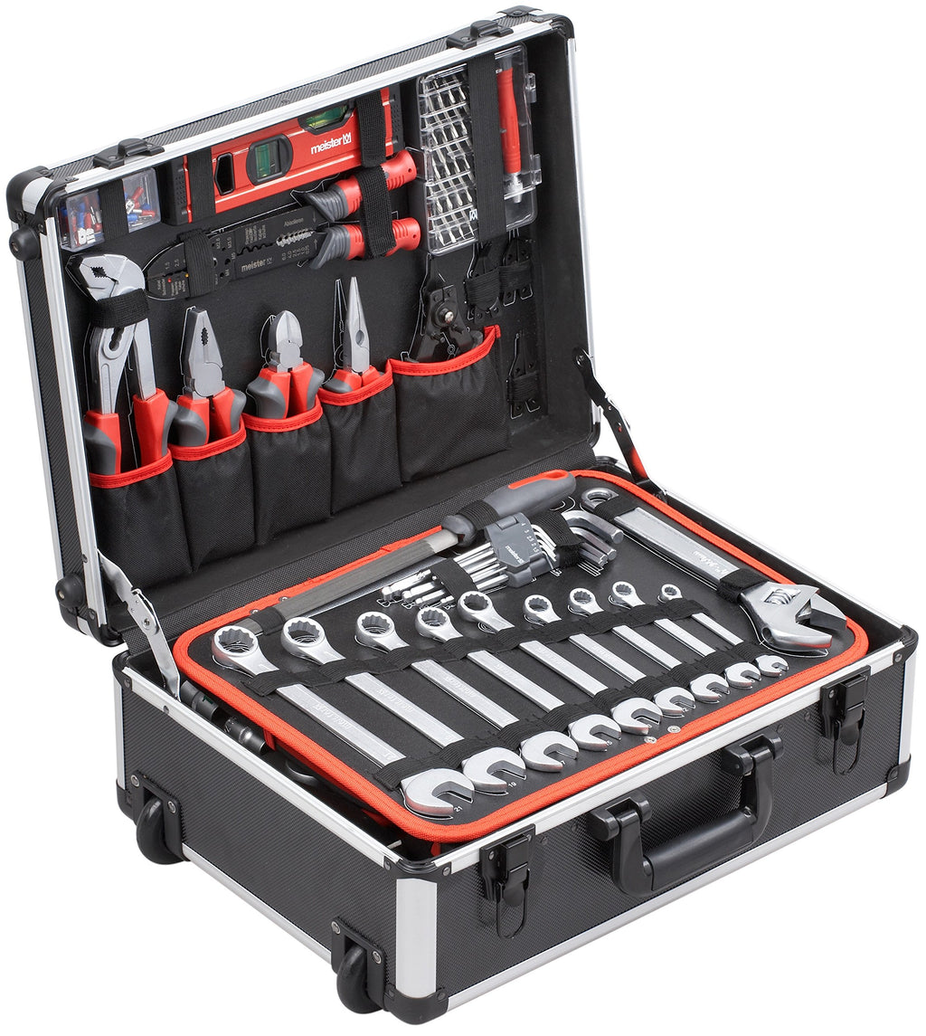 Meister Werkzeugtrolley 156-teilig - Werkzeug-Set-Mit Rollen- Teleskophandgriff/Profi Werkzeugkoffer befüllt/Werkzeugkiste fahrbar /Werkzeugbox komplett mit Werkzeug, Schwarz/Silber, 8971440