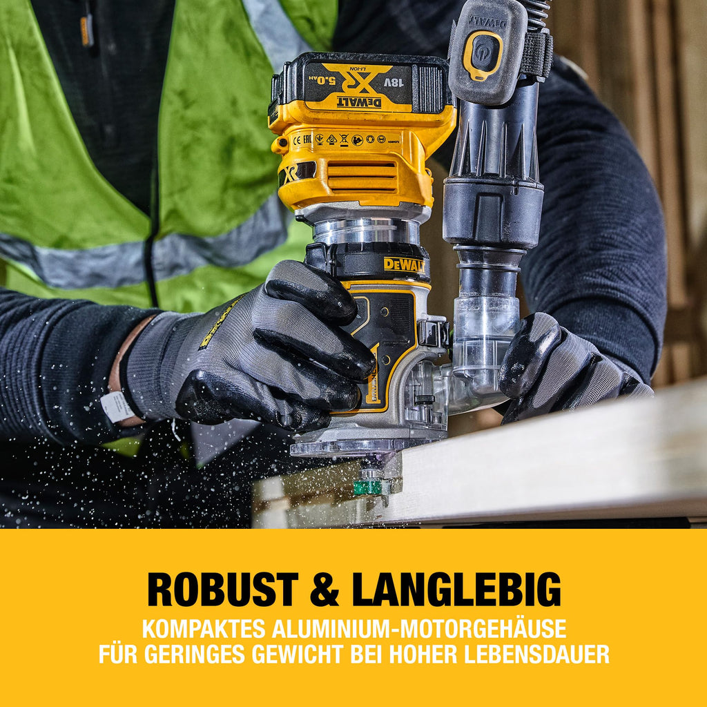 DEWALT 18V Akku-Kombifräse (einsetzbar als Ober- oder Kantenfräse, bürstenloser Motor, 6-8 mm Werkzeugaufnahme, max. Fräs-ø: 36 mm, Fräskorbhub: 55 mm, Lieferung ohne Akku & Ladegerät), DCW604NT-XJ