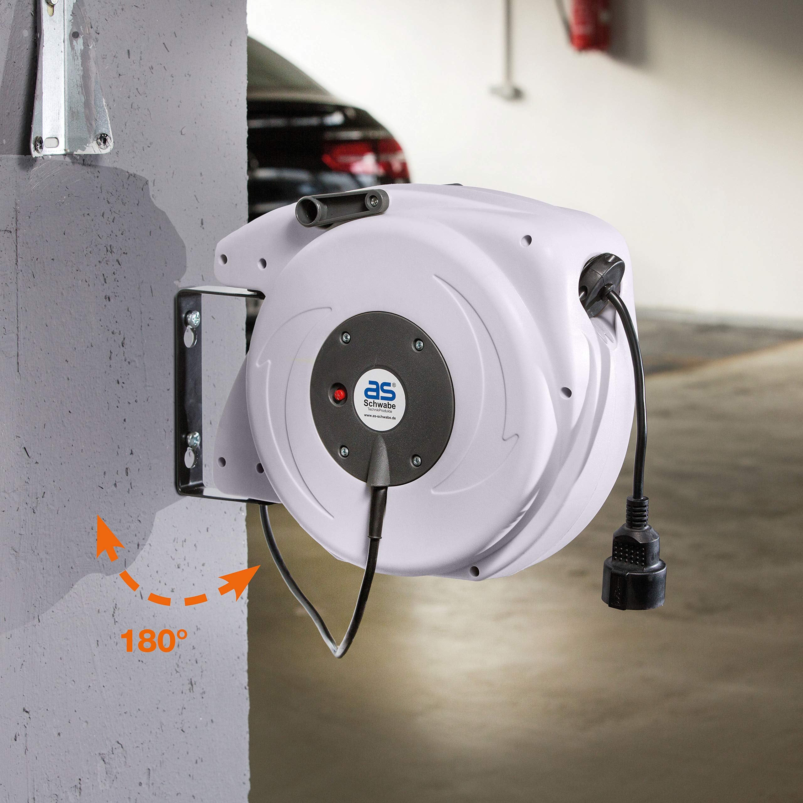 as - Schwabe Automatischer Kabelaufroller 20 m H05VV-F 3G1,5, mit Easy to Go Funktion, 180° schwenkbar, Schutzkontaktstecker und 2 m Zuleitung mit Schutzkontaktkupplung, 230V/16A, IP20, 12645