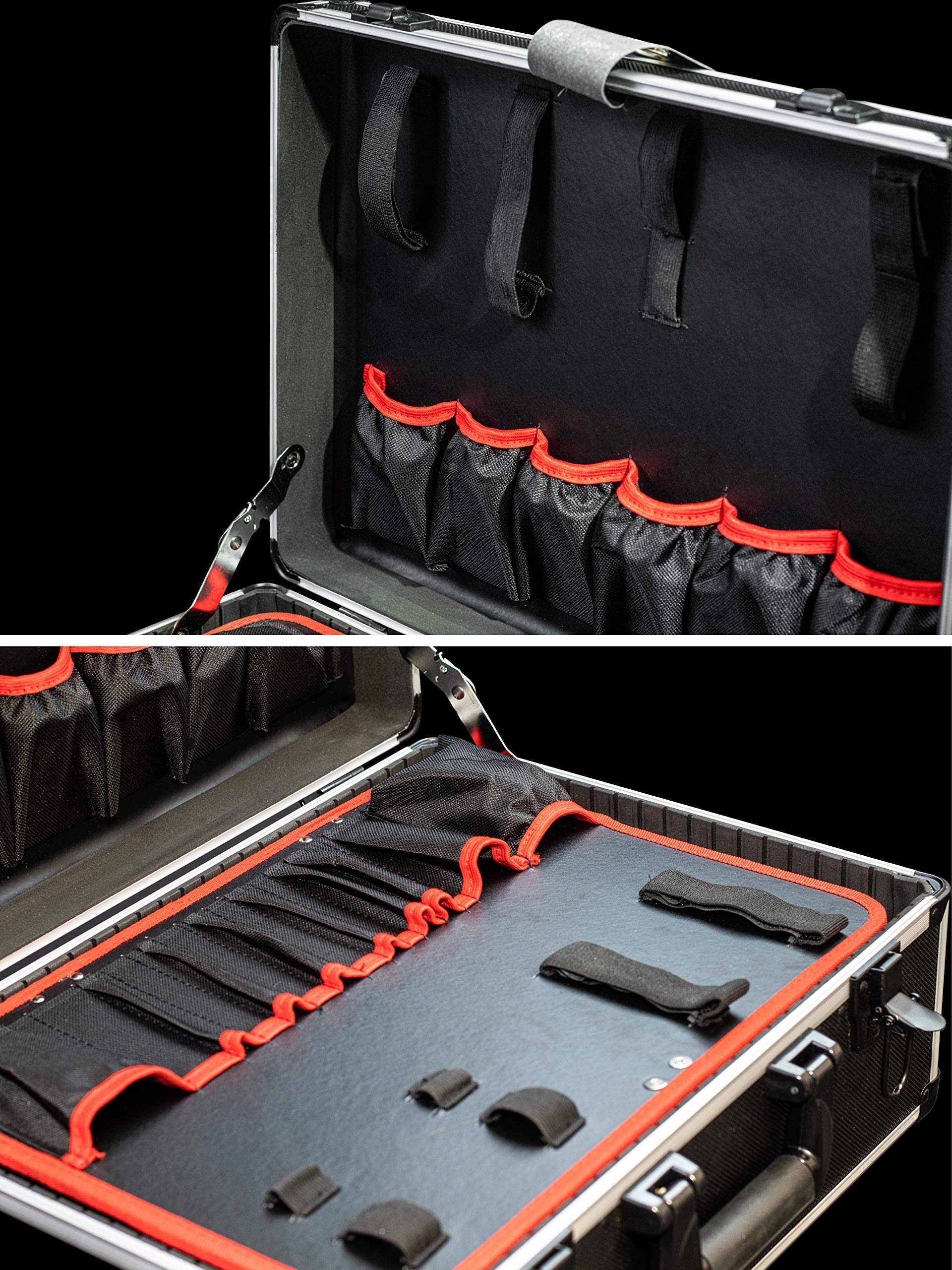 Meister Werkzeugtrolley leer - 460 x 350 x 190 mm - Mit Rollen - Individuelle Fachaufteilung - 15 Werkzeugtaschen - Mit Gummibändern - 15 kg Tragkraft - Stabiler Alu-Koffer / Werkzeugkiste / 9095080
