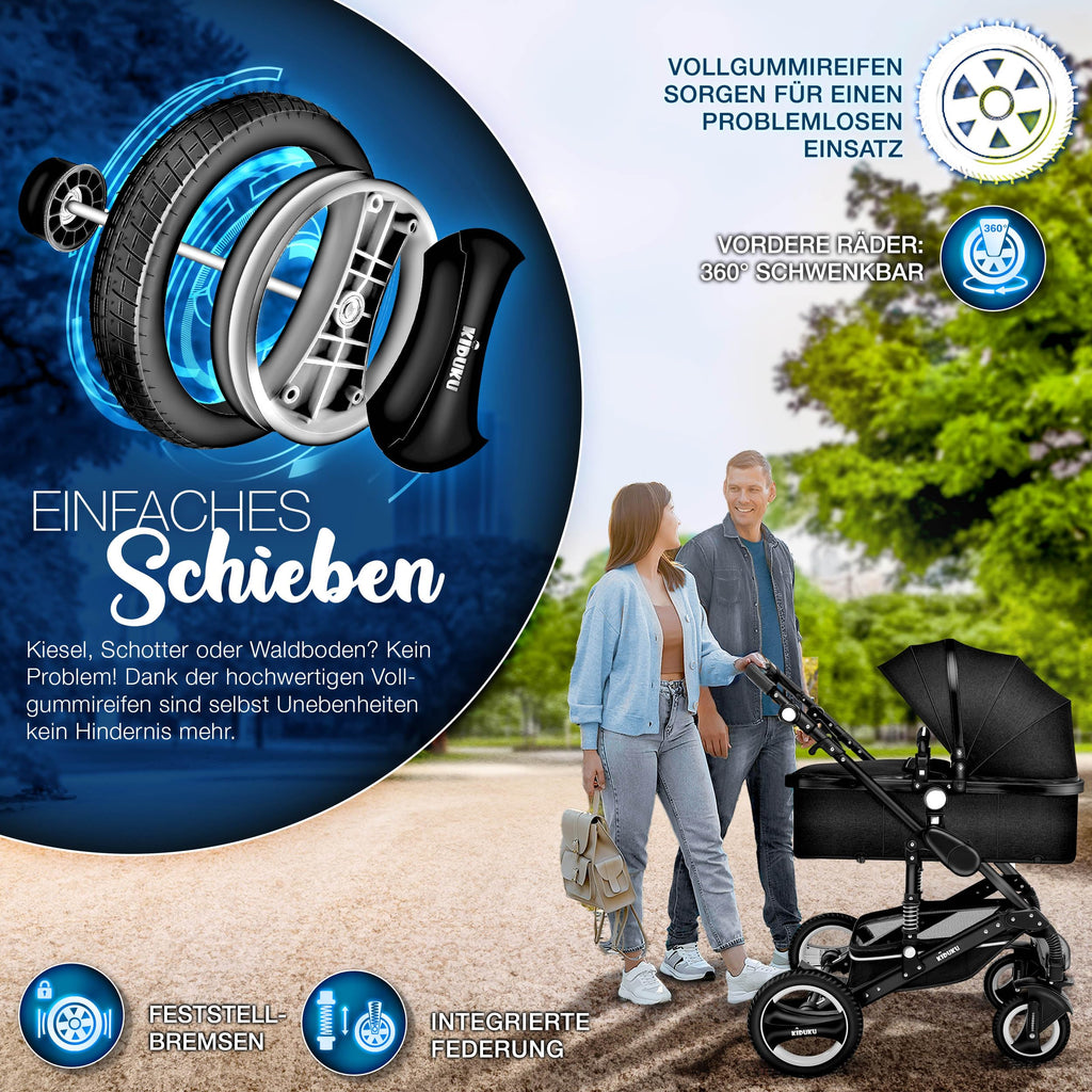 KIDUKU® 3 in 1 Kinderwagen XXL Komplettset | Kombikinderwagen Set inkl. Babywanne Buggy Sportsitz & Auto-Babyschale Fußsack | Vollgummireifen Wickeltasche Handwärmer Regenschutz Kindertisch ECE R129