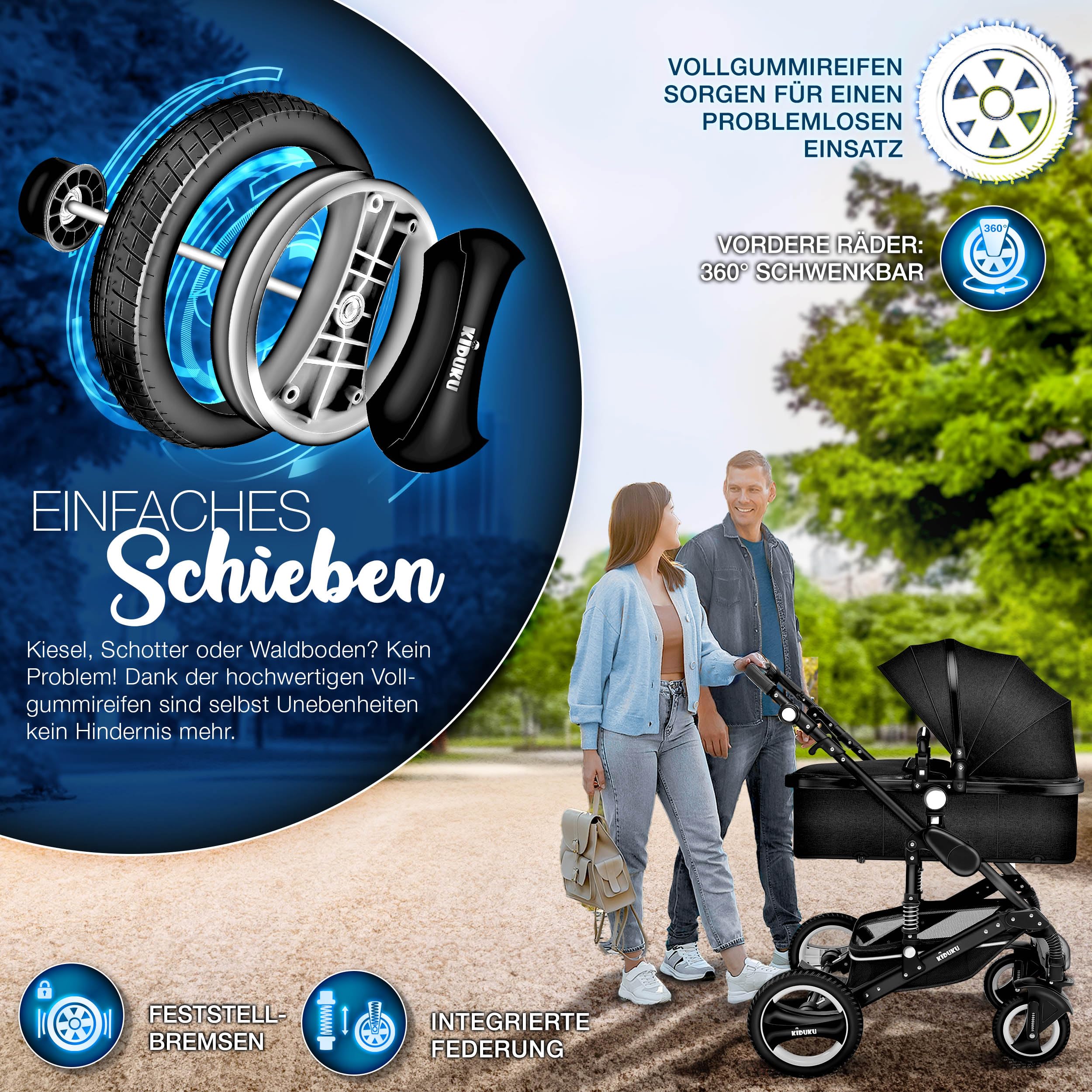 KIDUKU® 3 in 1 Kinderwagen XXL Komplettset | Kombikinderwagen Set inkl. Babywanne Buggy Sportsitz & Auto-Babyschale Fußsack | Vollgummireifen Wickeltasche Handwärmer Regenschutz Kindertisch ECE R129