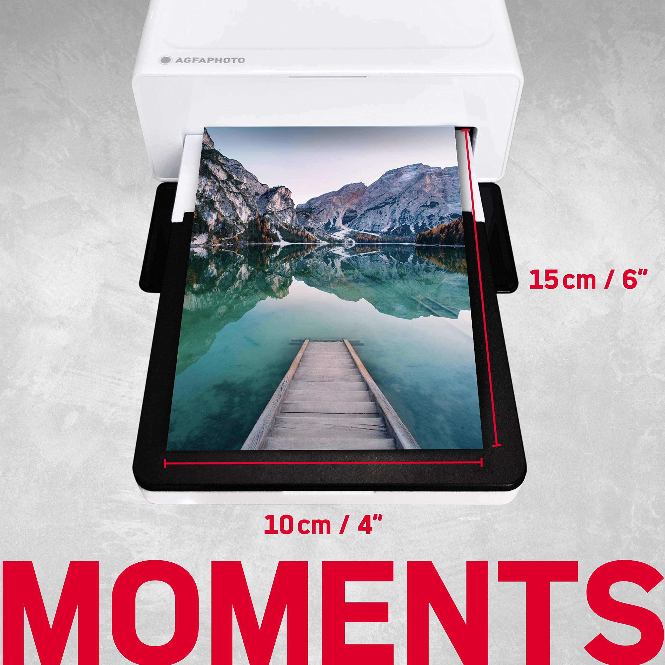 AgfaPhoto Realipix Moments AMO46 – 10x15 cm Smartphone-Fotodrucker, Bluetooth für Apple und Android Smartphones, 4Pass Thermosublimation – Weiß