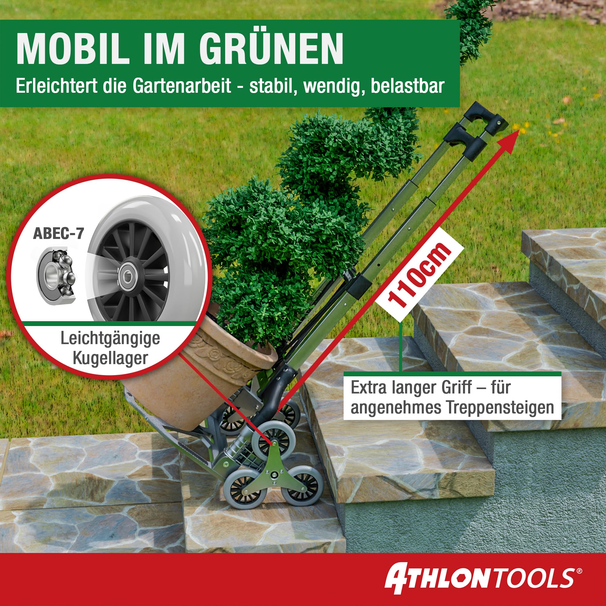 ATHLON TOOLS Aluminium Treppensteiger-Sackkarre klappbar TÜV geprüft – extra Langer Griff 110 cm, Ladefläche mit Anti-Rutsch-Pads