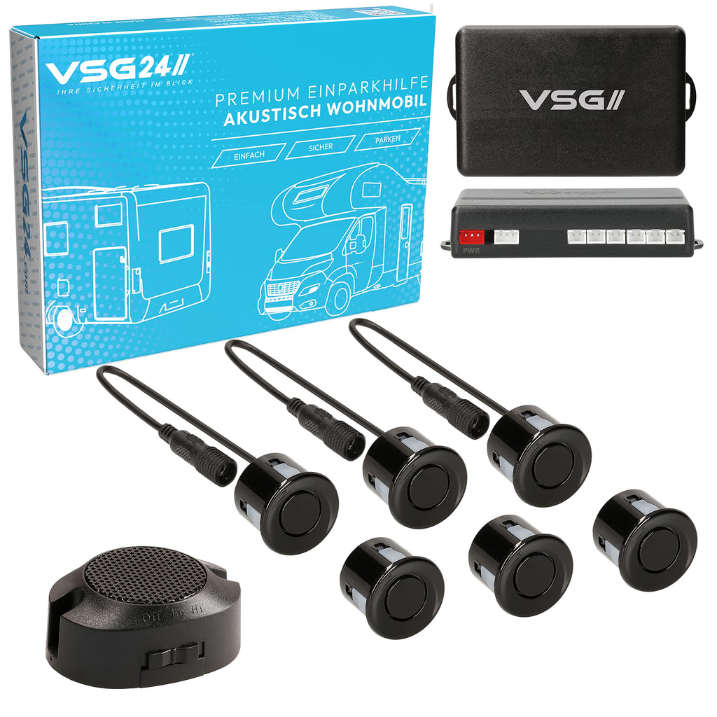 VSG24 Premium Wohnmobil Einparkhilfe zum nachrüsten, PDC Parksensoren hinten mit Stecksystem für einfachste Montage, Lautsprecher akustisch - 6 Rückfahrwarner Sensoren Parkhilfe Nachrüstsatz Schwarz