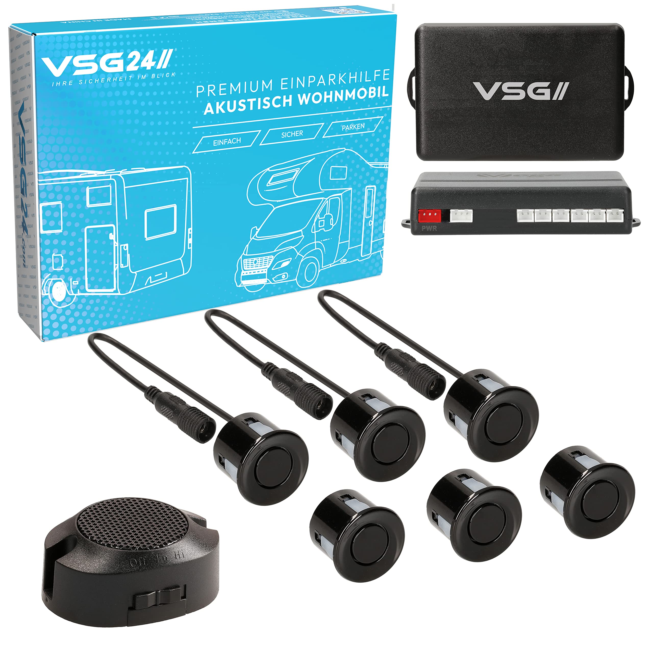 VSG24 Premium Wohnmobil Einparkhilfe zum nachrüsten, PDC Parksensoren hinten mit Stecksystem für einfachste Montage, Lautsprecher akustisch - 6 Rückfahrwarner Sensoren Parkhilfe Nachrüstsatz Schwarz