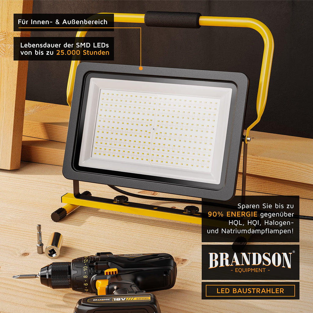 Brandson - 200W LED Baustrahler - Arbeitsscheinwerfer - Bauscheinwerfer - 288 SMD LEDs – 6400k - Standgestell und Tragegriff - 16000 Lumen – 4 m Stromkabel - Metallgehäuse