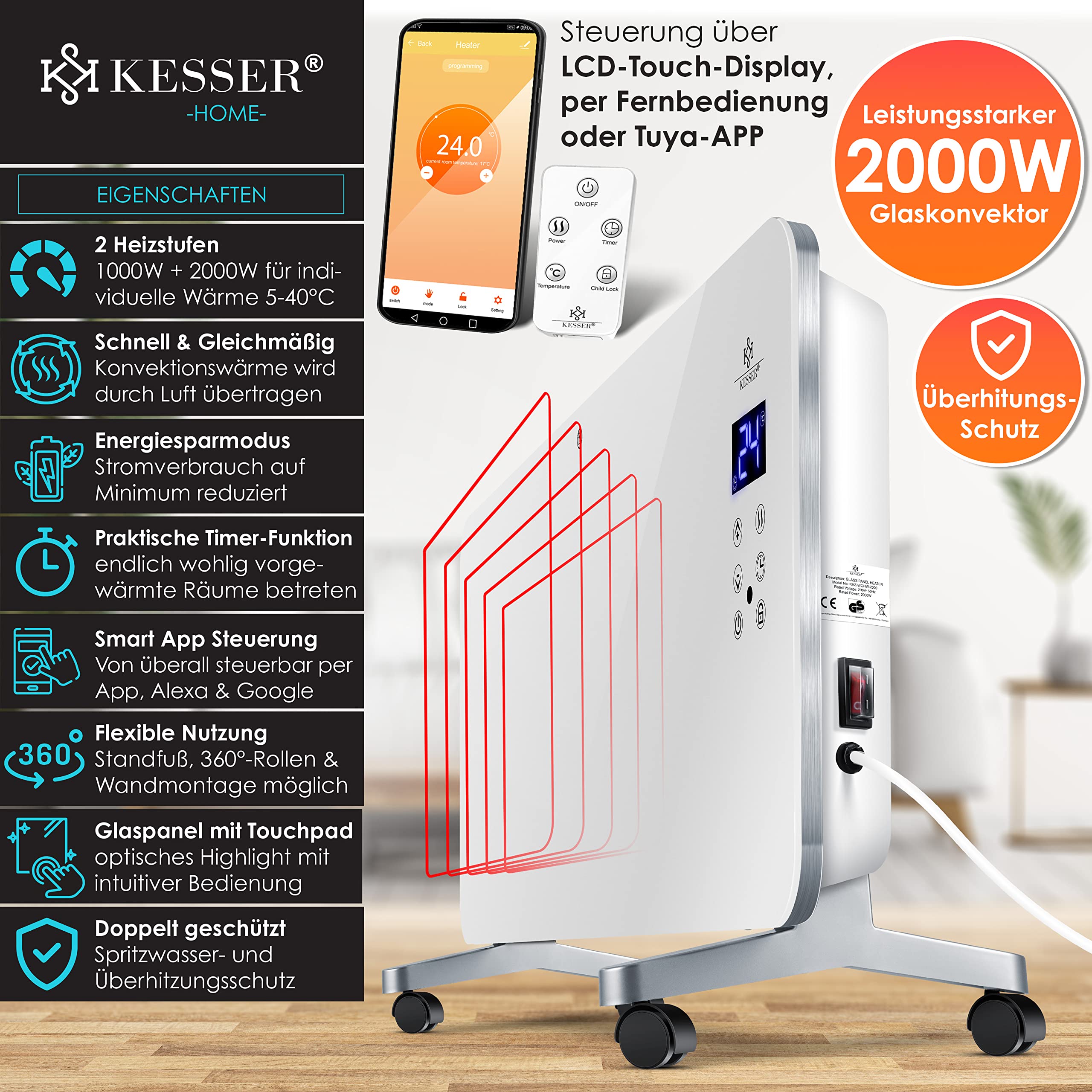 KESSER® Elektro Glasheizung Glaskonvektor Elektroheizung Heizung Heizkörper ✓ Touchscreen ✓ APP WiFi Funktion Inkl. Fernbedienung ✓ LCD-Display ✓ Timer | Stand- oder Wandgerät | 2000 Watt | Weiß