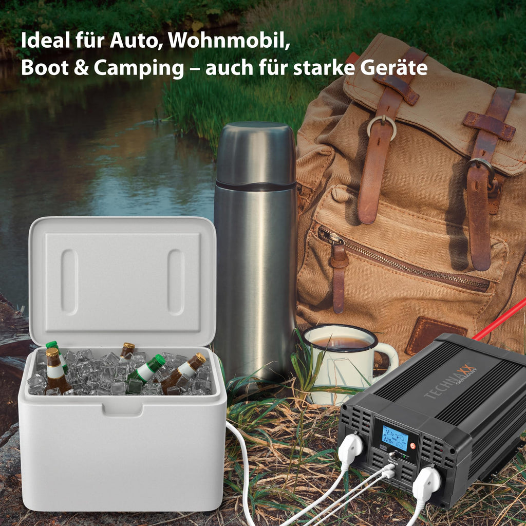 Technaxx KFZ Wechselrichter 12V auf 230V 2000W / 4000W – TÜV-zertifizierter Auto Spannungswandler mit LC-Display, 2x Schuko & 2x USB – Inverter für Camping, Wohnmobil, Boot – TE20
