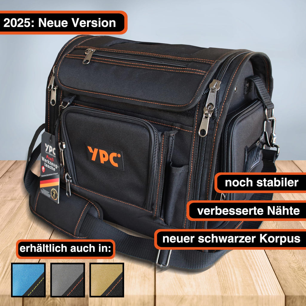 YPC Foreman Werkzeugtasche XL– Tragbare Aufbewahrungstasche mit Karabinerhaken, Wasserfest, Reißfest, Stabiler Metallgriff & Schultergurt mit Polsterung, Schwarz, 37x36x27cm – 20 kg Tragkraft
