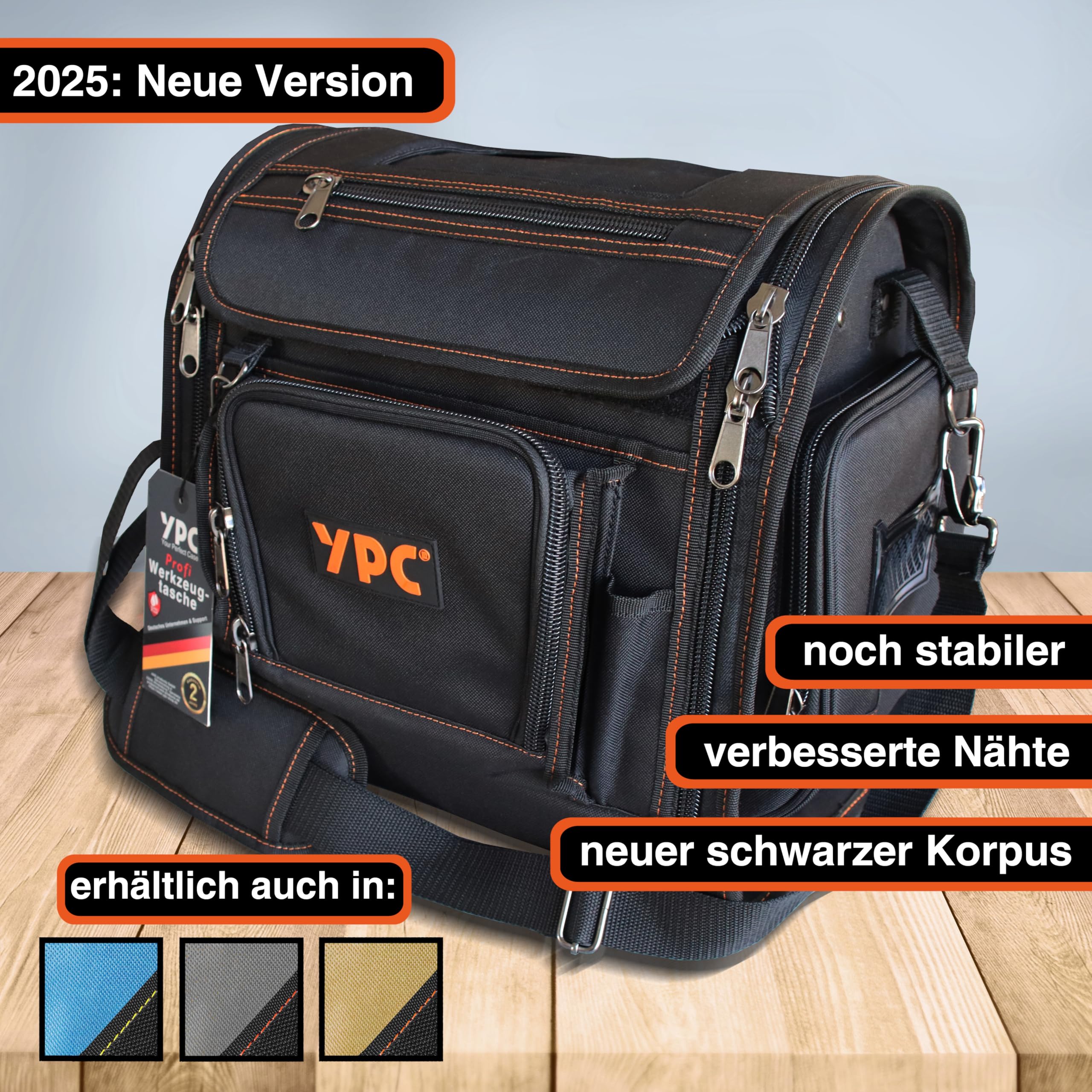 YPC Foreman Werkzeugtasche XL– Tragbare Aufbewahrungstasche mit Karabinerhaken, Wasserfest, Reißfest, Stabiler Metallgriff & Schultergurt mit Polsterung, Schwarz, 37x36x27cm – 20 kg Tragkraft