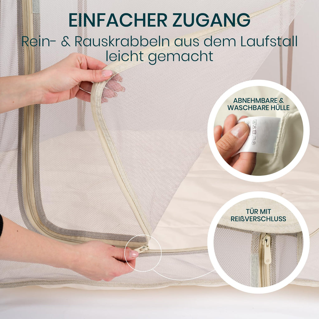 Tutti Bambini Laufstall Baby Faltbar - Baby Playpen mit 360°-Netzwänden, Schnellklappmechanismus, Reißverschlusstür, Bodenmatte & Tragetasche, 135 x 135 x 75 cm (Ecru)