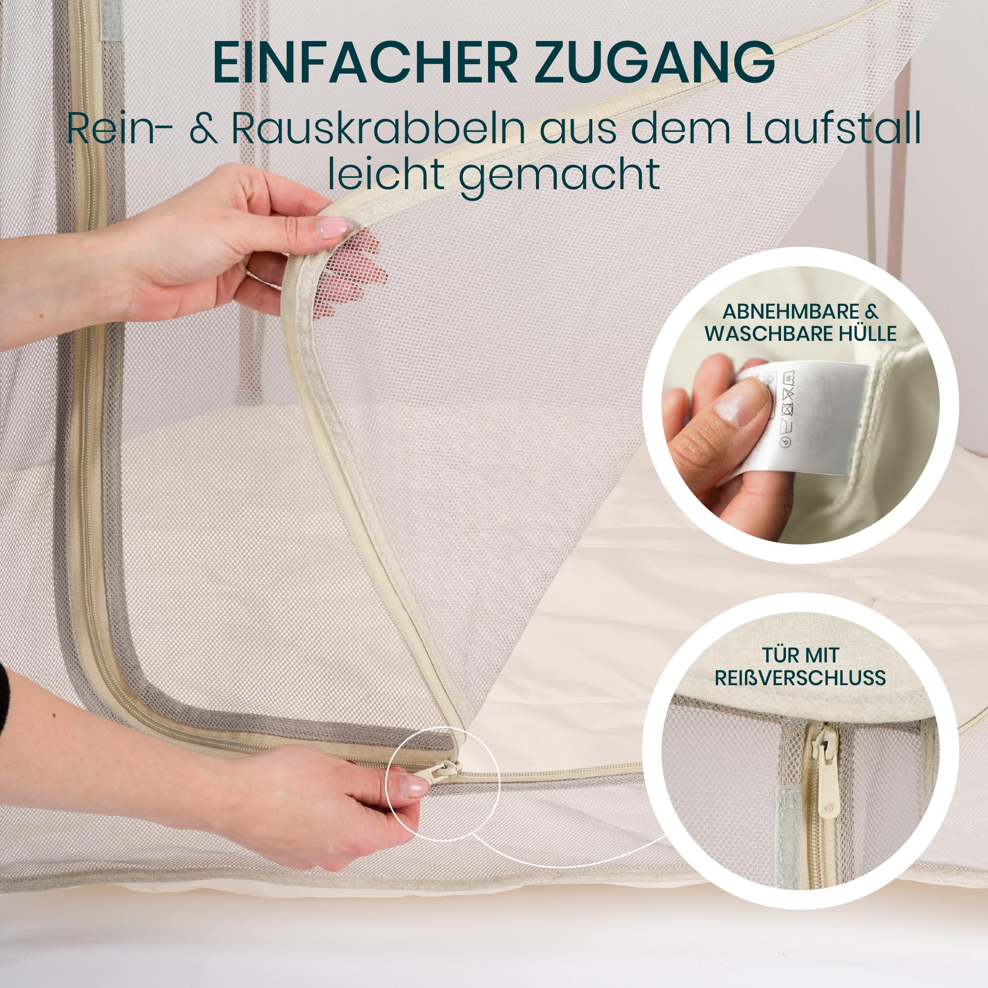 Tutti Bambini Laufstall Baby Faltbar - Baby Playpen mit 360°-Netzwänden, Schnellklappmechanismus, Reißverschlusstür, Bodenmatte & Tragetasche, 135 x 135 x 75 cm (Ecru)