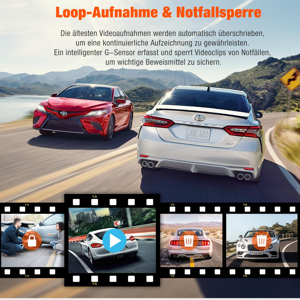 Volam 3 Kanal Dashcam Auto Vorne Hinten und Innen mit Akku, 1080P Dash Cam mit Auto Kamera Parküberwachung, Infrarot Nachtsicht WDR, G Sensor, 170° Weitwinkel Dash Camera mit Rückfahrkamera