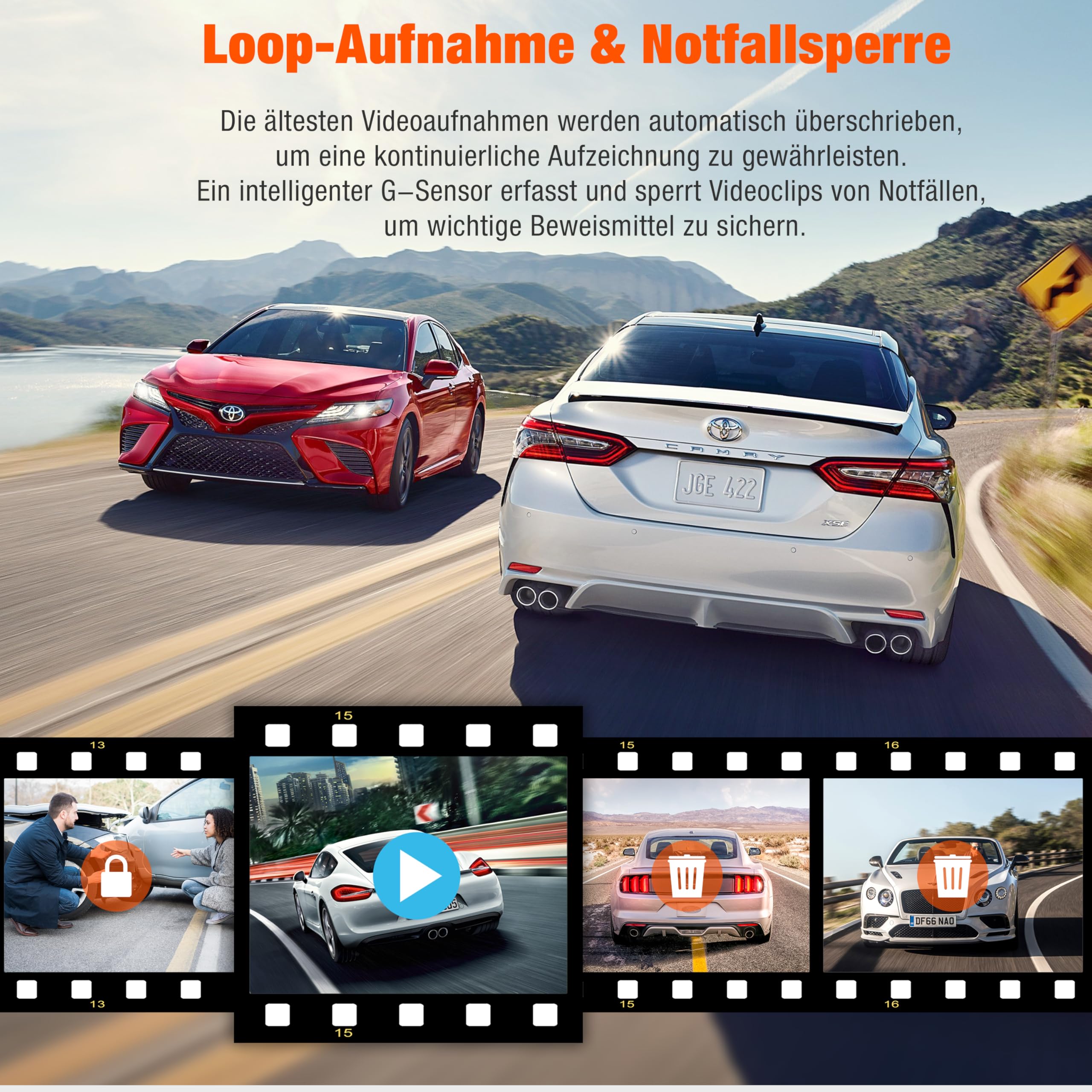 Volam 3 Kanal Dashcam Auto Vorne Hinten und Innen mit Akku, 1080P Dash Cam mit Auto Kamera Parküberwachung, Infrarot Nachtsicht WDR, G Sensor, 170° Weitwinkel Dash Camera mit Rückfahrkamera
