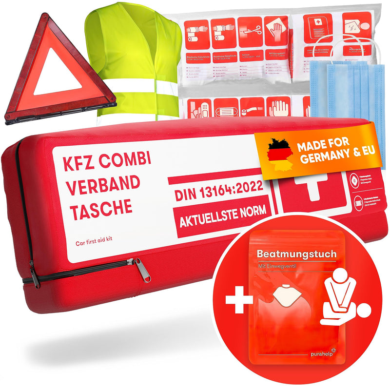 PURAHELP® KFZ Kombitasche inkl. Beatmungstuch [DIN 13164] - Verbandskasten Auto mit Warndreieck & Warnweste - PKW Verbandskasten StVO Konform für 2026 - Erste Hilfe Set Auto - First Aid Kit Car