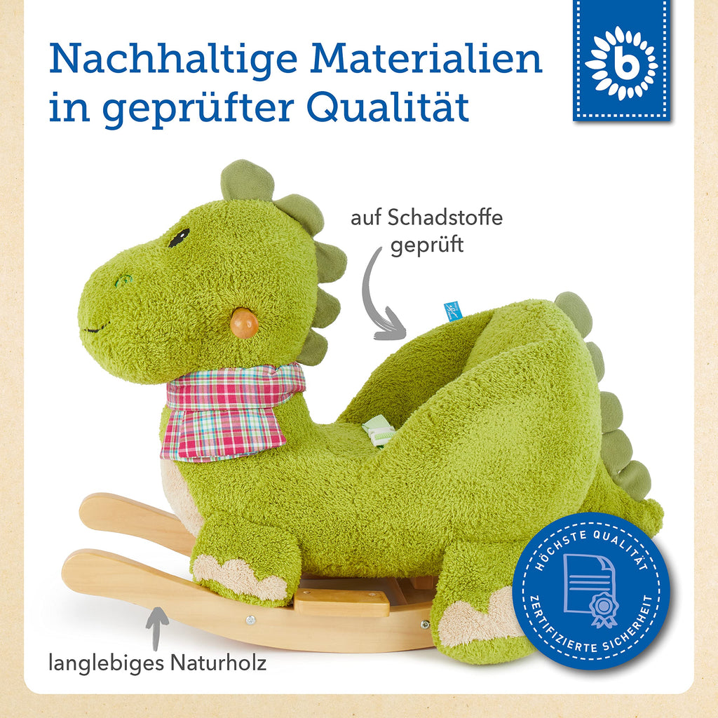 Bieco Plüsch Schaukeltier Dino | Kinder Schaukelstuhl mit Sicherheitsgurt | Schaukel Kleinkind | Schaukeltier Baby Zimmer | Baby Schaukelwippe ab 9 Monate | Schaukelpferd Holz