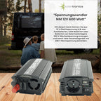 SOLARTRONICS Spannungswandler NM600 12V 600 Watt SCHWARZ - 1200 Watt Spitzenleistung - Wechselrichter 12v auf 230v - Blei- oder AGM-Batterie kompatibel - mit Schuko- & USB Anschluss