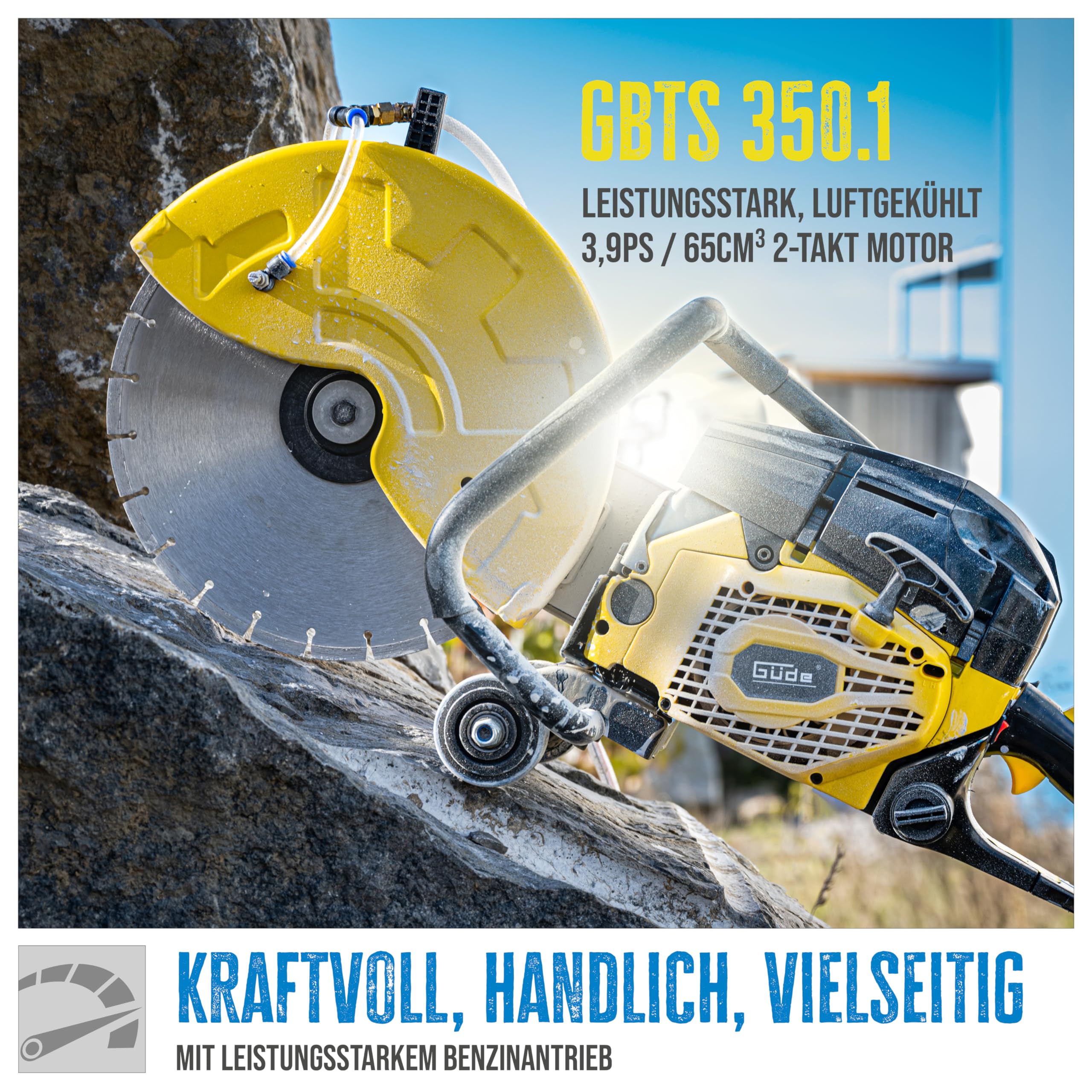 Güde Betontrennschneider GBTS 350.1 (2-Takt-Motor, 2,9/3,9 (kW/PS), 65 cm³ Hubr., 125 mm max. Schnitttiefe, 350 mm Trennscheiben-Ø, Nass und Trockenschnitt, inkl. Diamantscheibe & 3 Ersatzluftfilter)