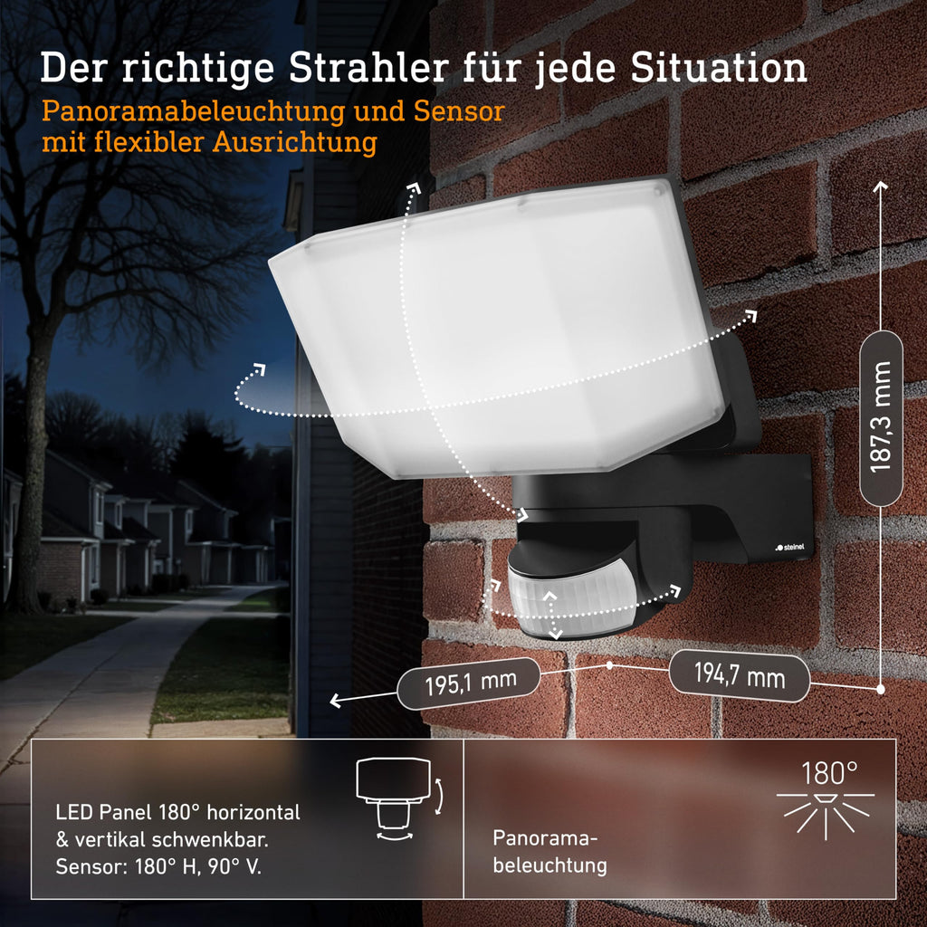 Steinel LED Strahler XLED Protect S Anthrazit, 180°/10 m Bewegungsmelder, Panorama Flutlicht, LED Panel voll schwenkbar, 14.3 W, IP54