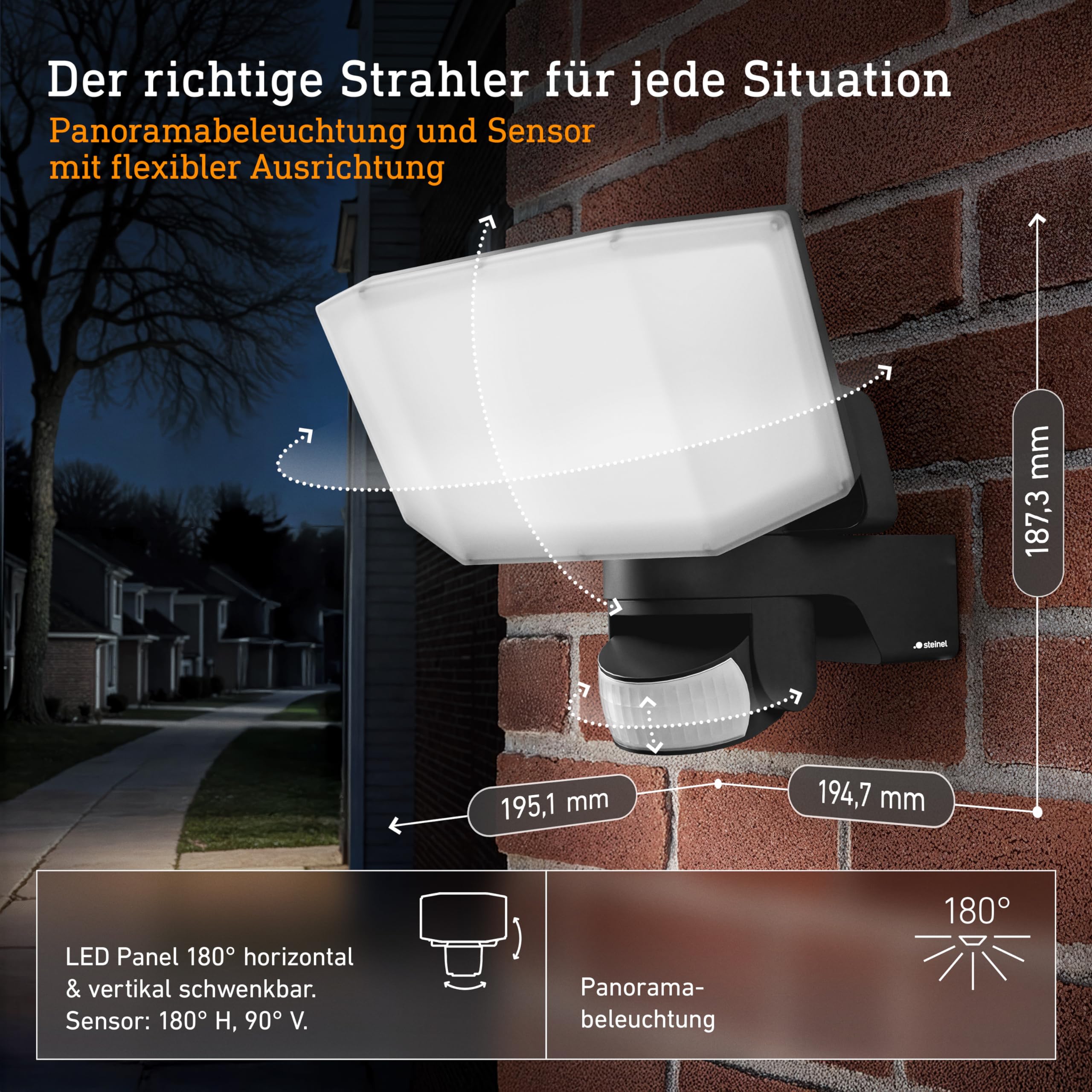 Steinel LED Strahler XLED Protect S Anthrazit, 180°/10 m Bewegungsmelder, Panorama Flutlicht, LED Panel voll schwenkbar, 14.3 W, IP54
