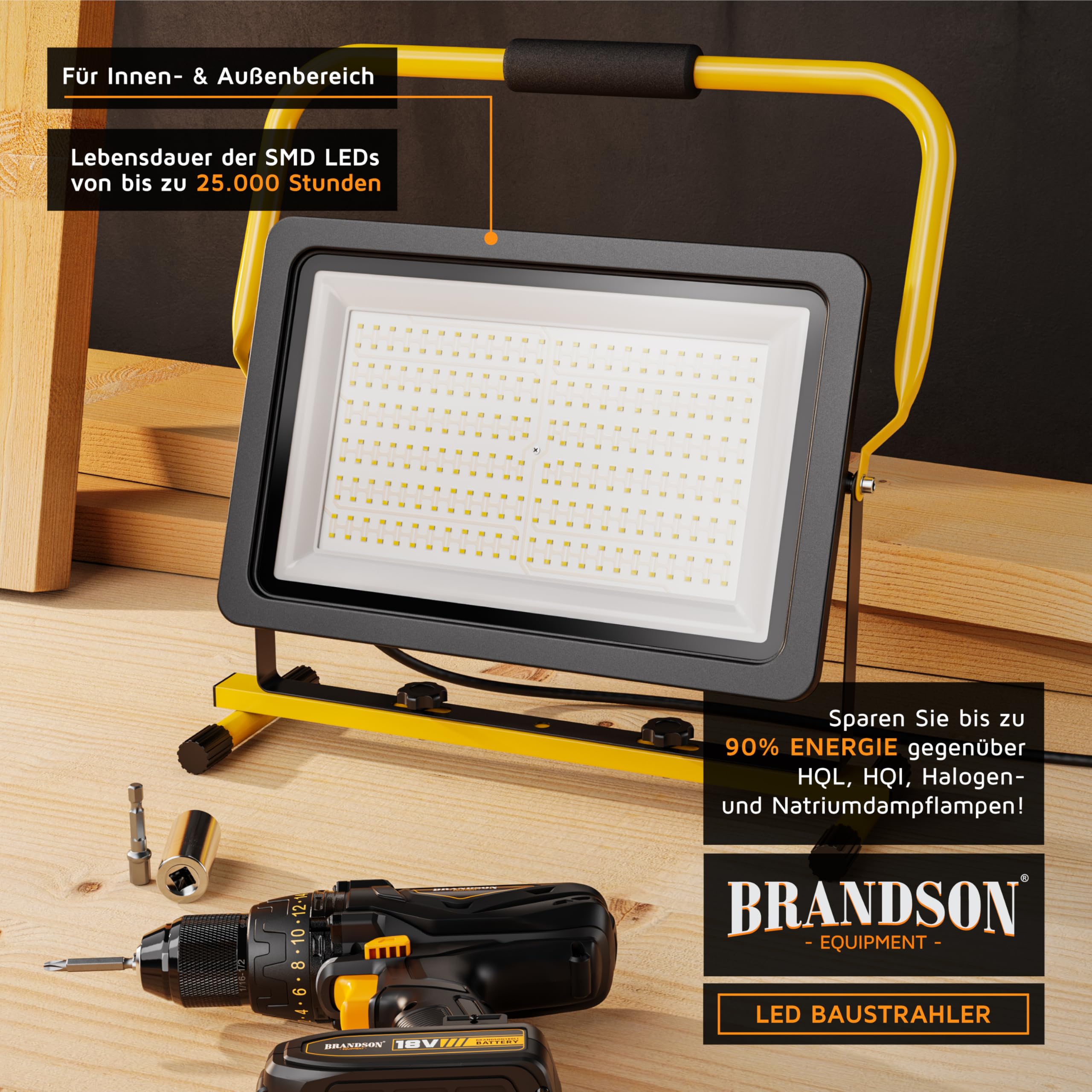 Brandson - LED Baustrahler 150W − Arbeitsscheinwerfer − Bauscheinwerfer − 216 SMD LEDs − Standgestell und Tragegriff − 12000 Lumen – 4 m Stromkabel − Metallgehäuse - IP65