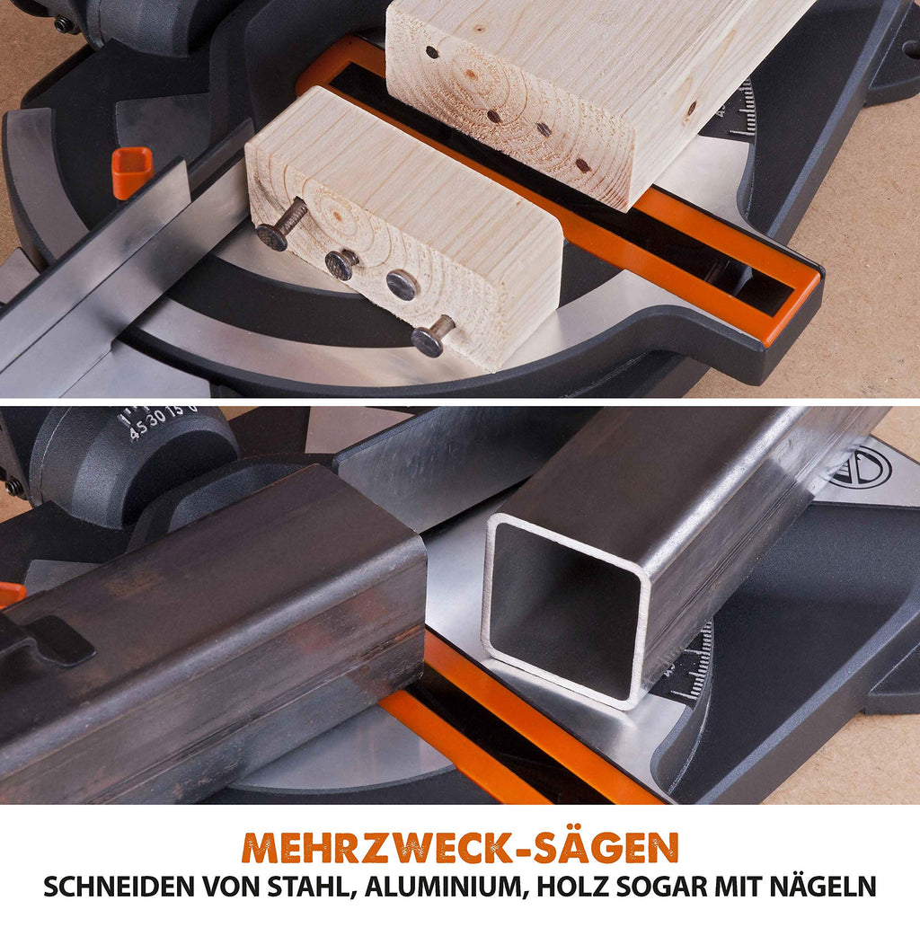 Evolution Gehrungssäge R210CMS | 1200 W Gehrungssäge | Inkl. Ø 210 mm HM-Sägeblatt Multi-Material-Schneiden Holz, Aluminium, Stahl, Kunststoff | 0°- 45° Fase und 45°- 45° Gehrungswinkel | Kappsäge