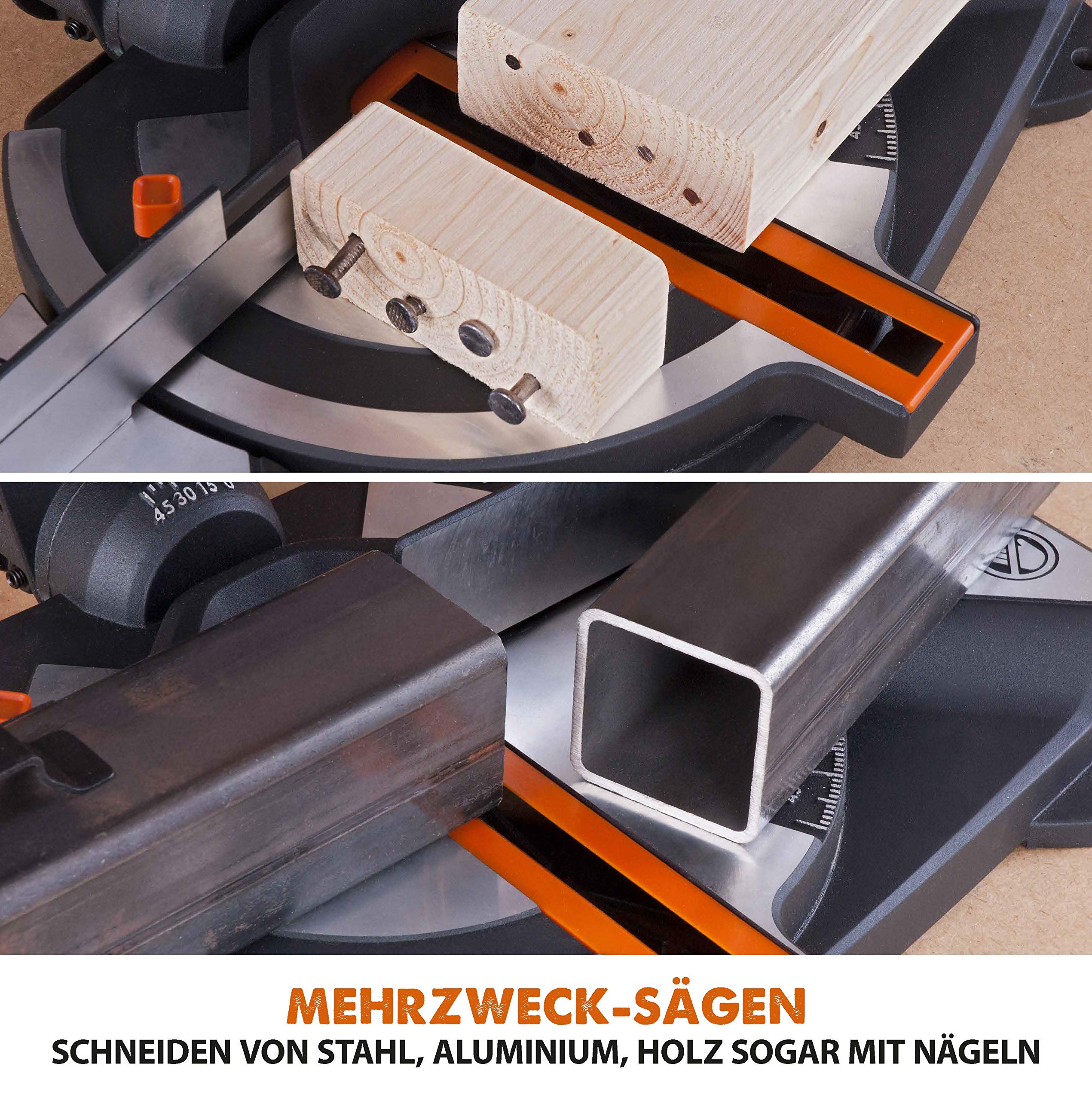 Evolution Gehrungssäge R210CMS | 1200 W Gehrungssäge | Inkl. Ø 210 mm HM-Sägeblatt Multi-Material-Schneiden Holz, Aluminium, Stahl, Kunststoff | 0°- 45° Fase und 45°- 45° Gehrungswinkel | Kappsäge