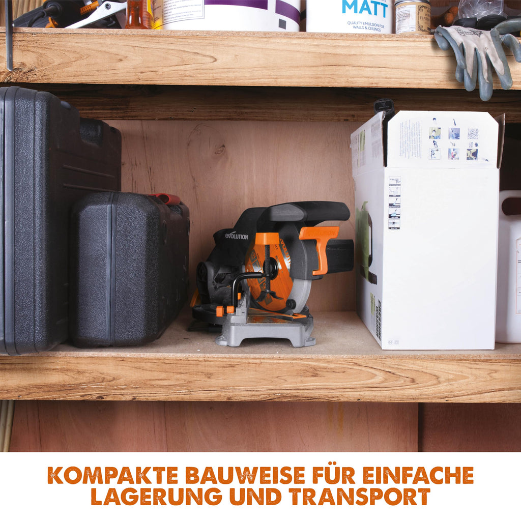 Evolution Gehrungssäge R210CMS | 1200 W Gehrungssäge | Inkl. Ø 210 mm HM-Sägeblatt Multi-Material-Schneiden Holz, Aluminium, Stahl, Kunststoff | 0°- 45° Fase und 45°- 45° Gehrungswinkel | Kappsäge