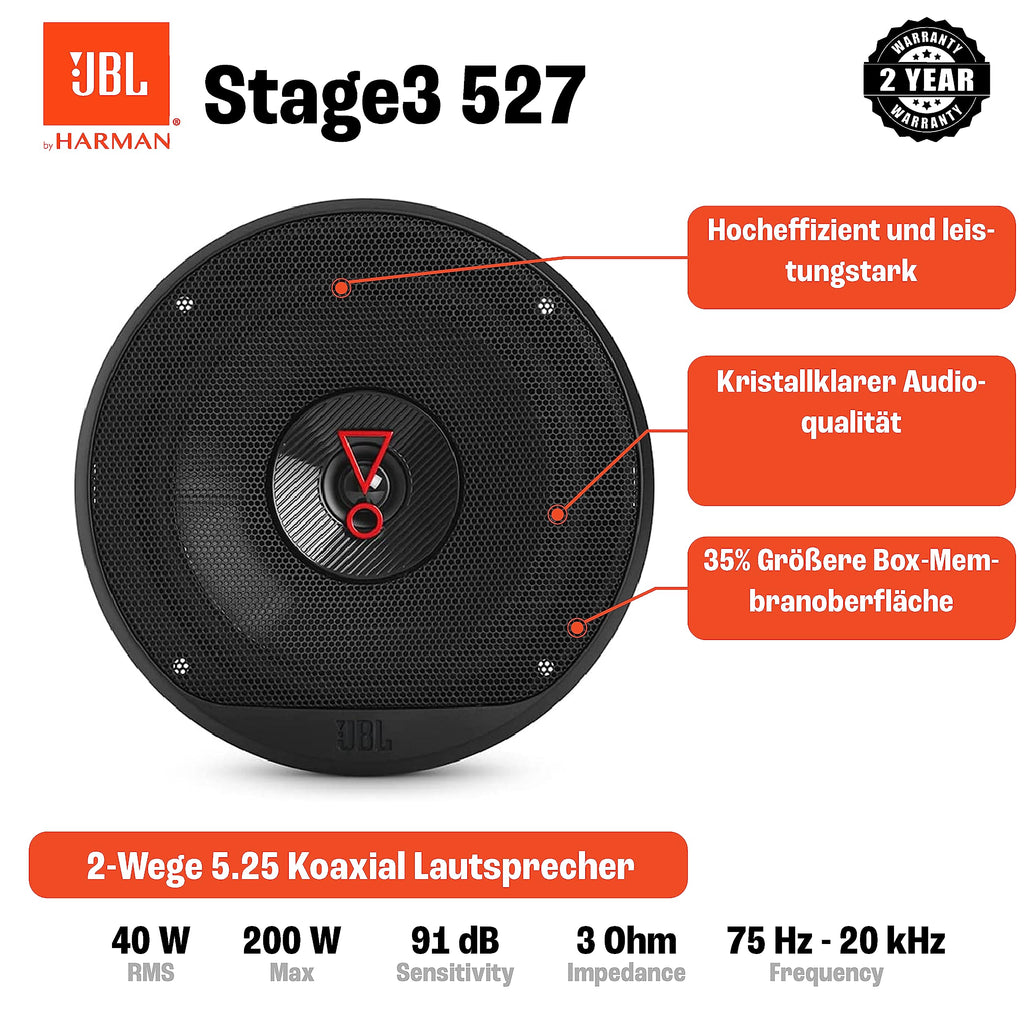 JBL Stage3 527 2-Wege Auto Lautsprecher Set von Harman Kardon - 200 Watt KFZ Autolautsprecher Boxen 13 cm