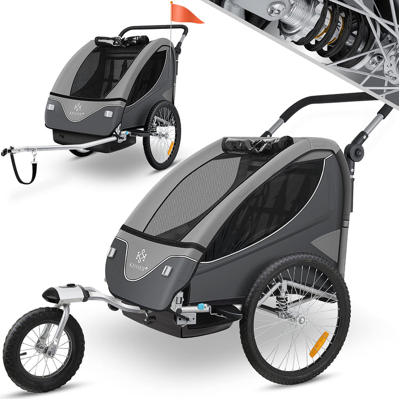 KESSER® Kinderanhänger Fahrradanhänger 360° Drehbar mit Federung 2in1 Joggerfunktion Kinderfahrradanhänger + 5-Punkt Gurt Jogger Fahrrad Anhänger für 1 bis 2 Kinder max. 40kg Inkl. Warnfahne Hellgrau