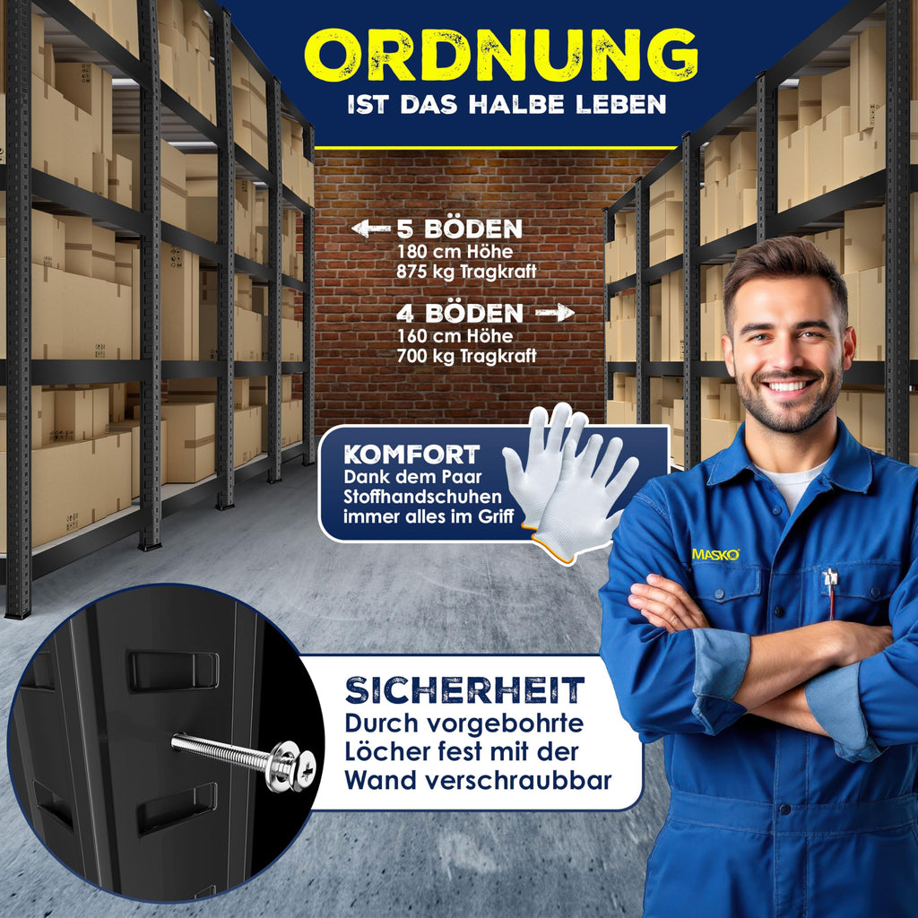 MASKO® 2er-Set Lagerregal Schwerlastregal, Kellerregal, 160 x 80 x 40 cm, bis 700kg belastbar, 4 verstellbare Ablagen, MDF-Platten Regal aus Metall, Steckregal, Werkstattregal, Keller, Garage Schwarz