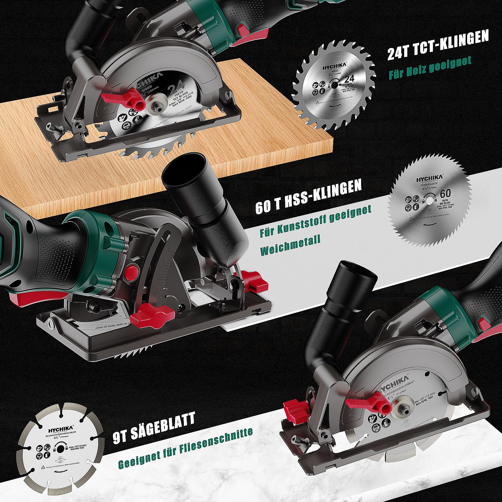 HYCHIKA Handkreissäge, 750W Kreissäge 3500U mit 3 Sägeblättern (115 und 125mm) mit Führungsschiene Max Schnitttiefe 48mm(90°)/32mm(45°), mini Kreissäge für Holz, Weichmetall, Fliesen u.s.w